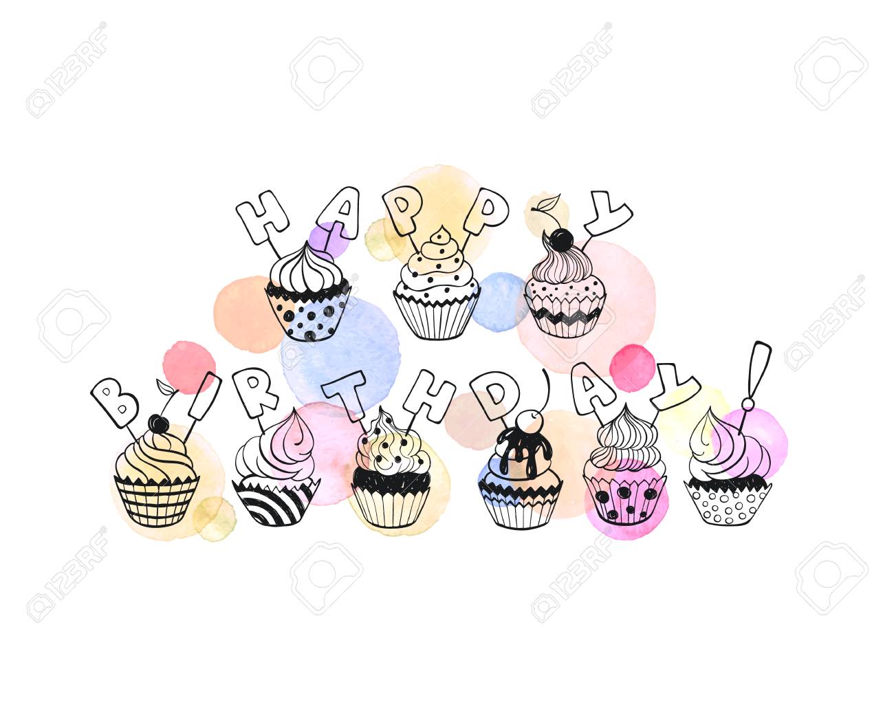Carte De Voeux De Joyeux Anniversaire Aux Couleurs Pastels Calligraphie Dessine Avec Des Cupcakes Sur Fond Aquarelle Colore A La Main Illustration Vectorielle Anniversaire Dans Un Style Romantique Clip Art Libres De