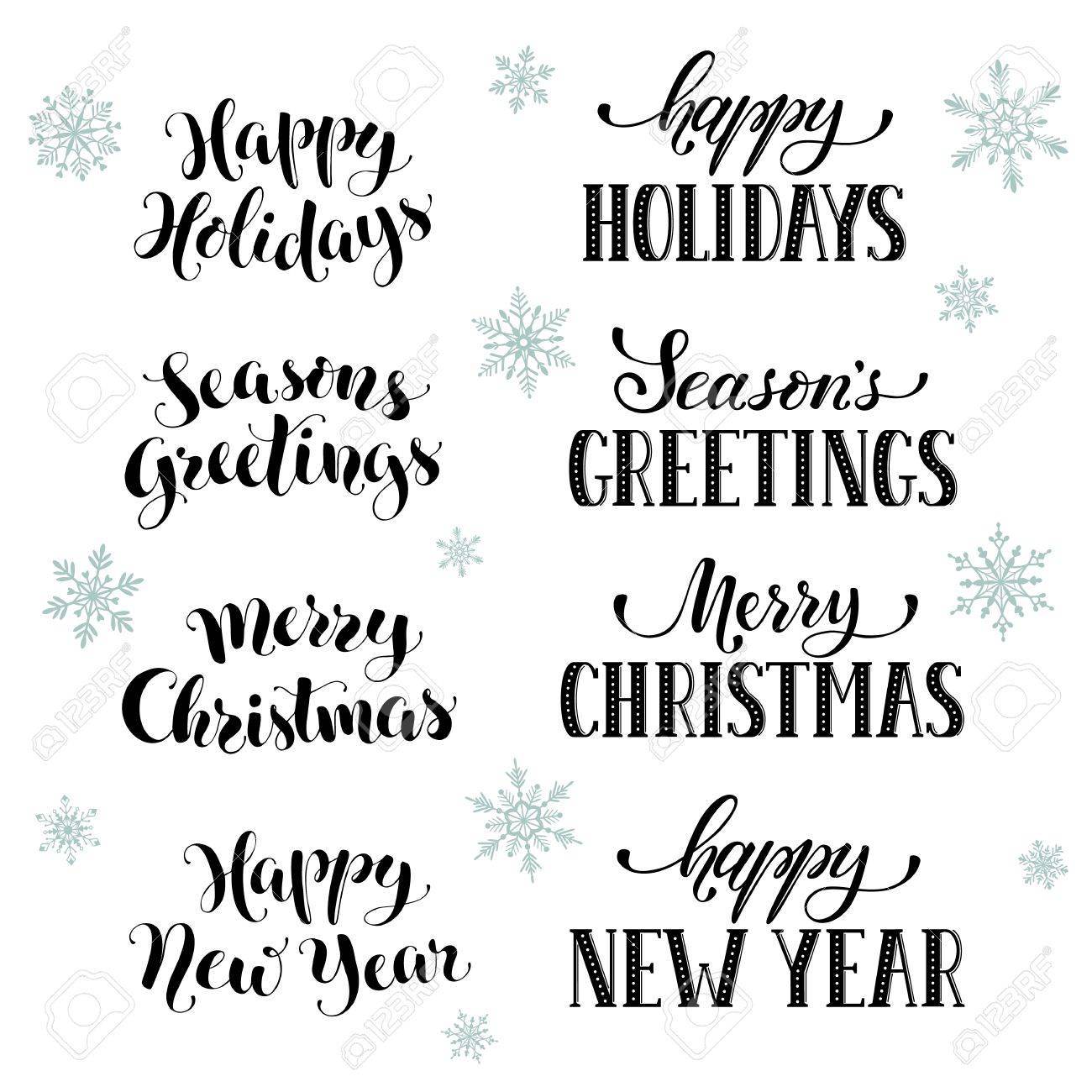 hand written new year phrases greeting card text with snowflakes