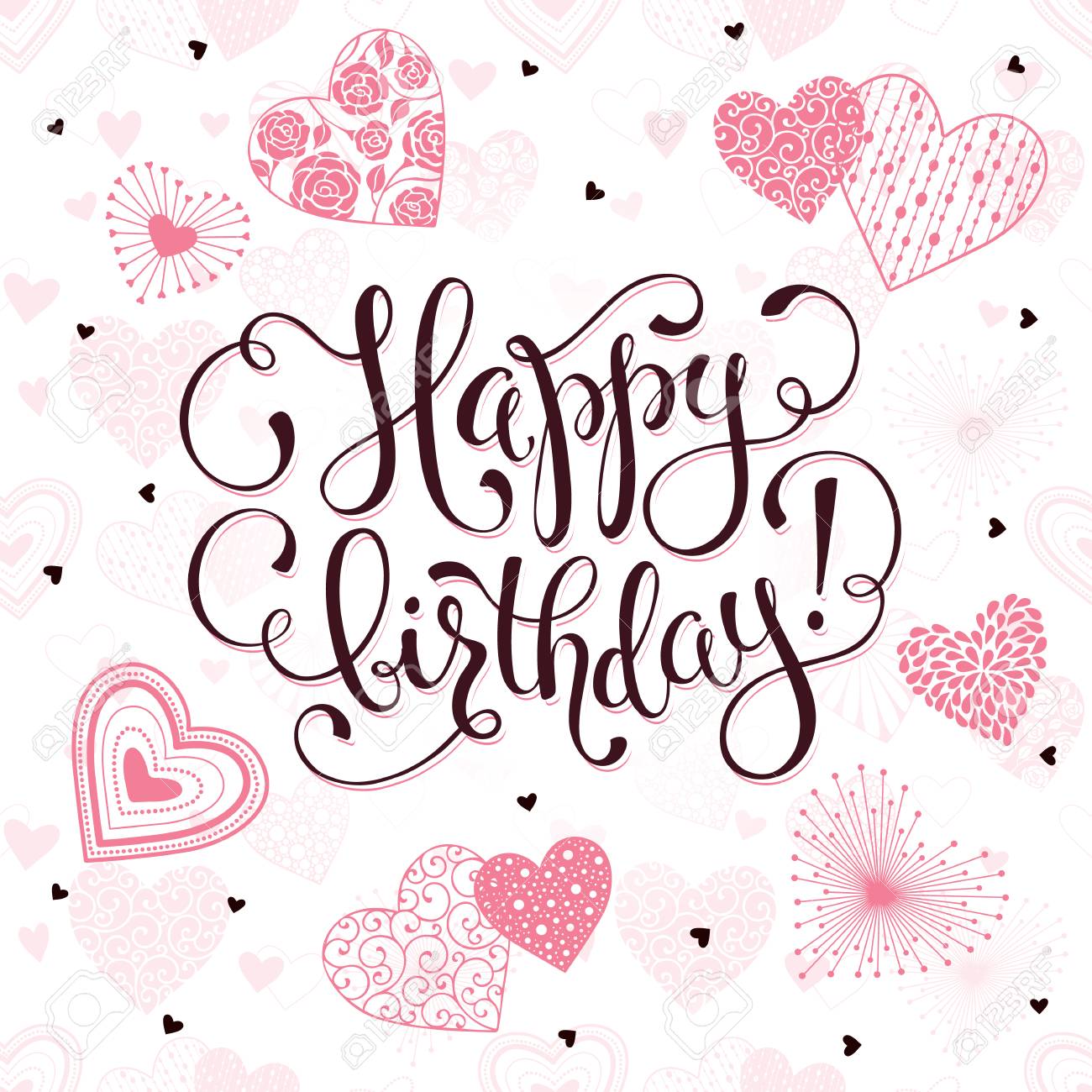 Happy Birthday greeting card. Romantic hearts with calligraphic.. Happy Birthday greeting card. Romantic hearts with calligraphic..