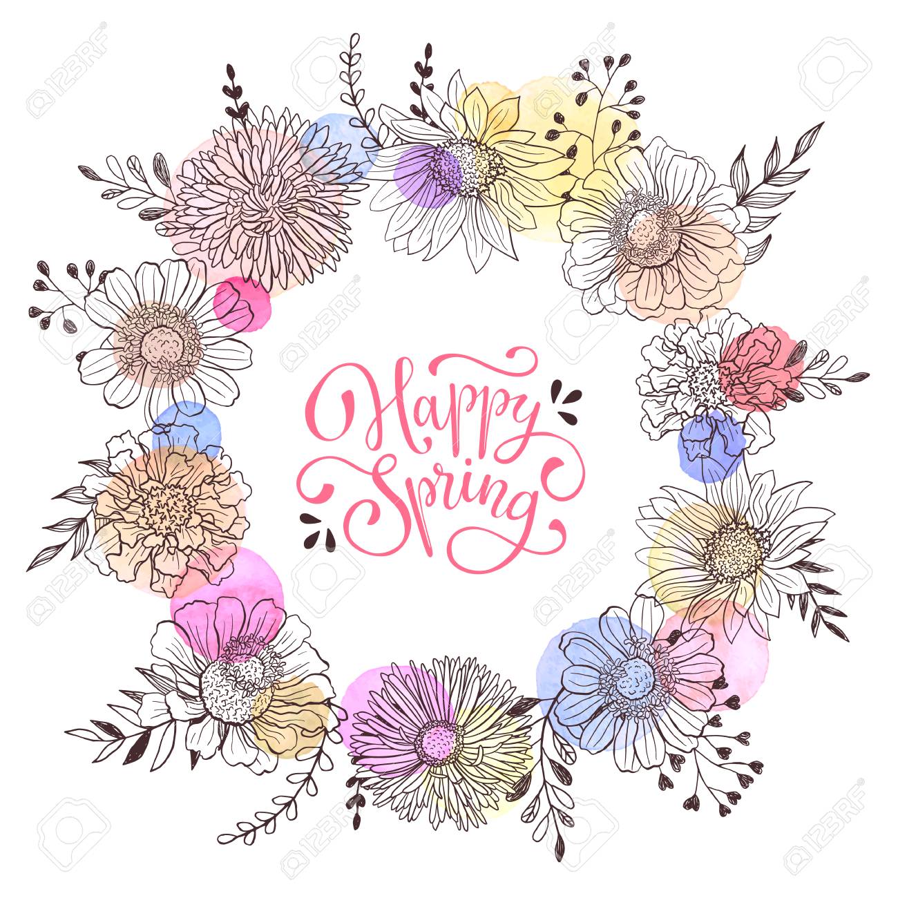 ハッピースプリングの呼び声と花の花輪 グリーティングカードと招待状 のためのロマンチックなテンプレート 白い背景に手描きの花と水彩画の斑点を持つ春のベクトルの文言 のイラスト素材 ベクタ Image