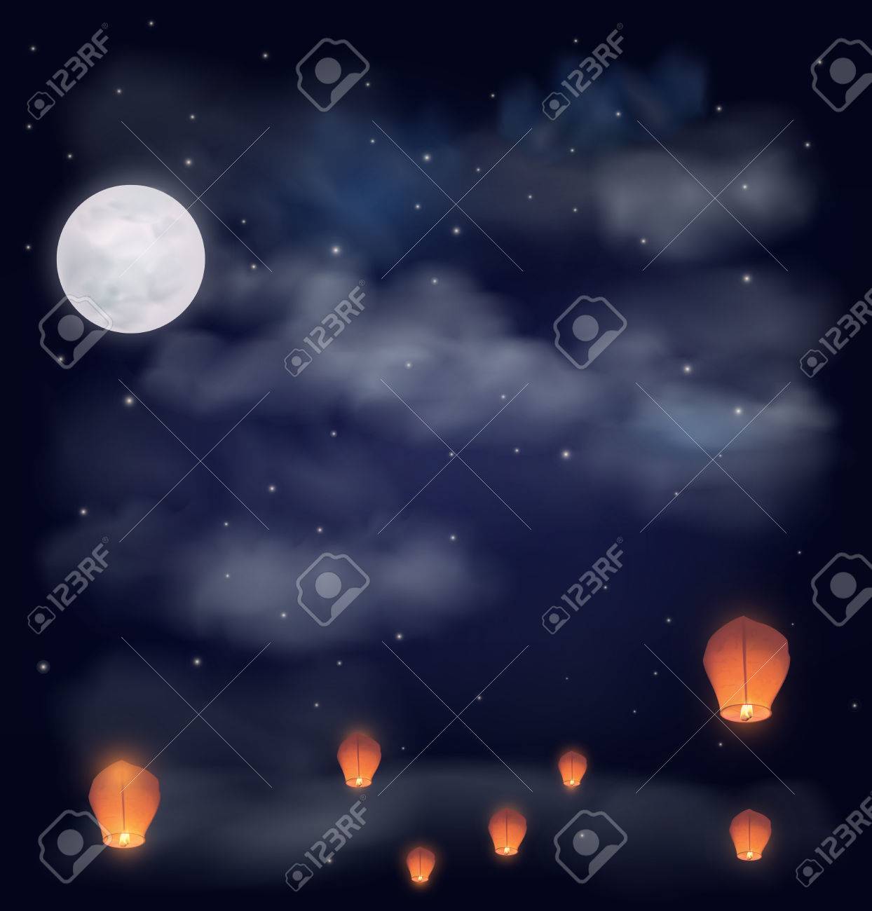 Ciel De La Nuit Avec La Lune Les étoiles Et Les Lanternes De Souhaits Chinois Vector Illustration
