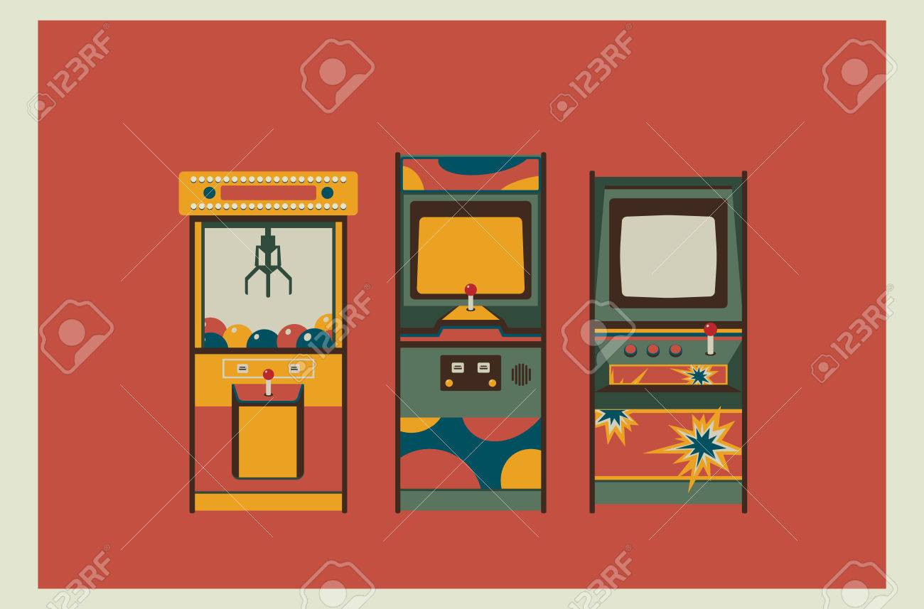 arcade game machines and claw machine retro colors flat design