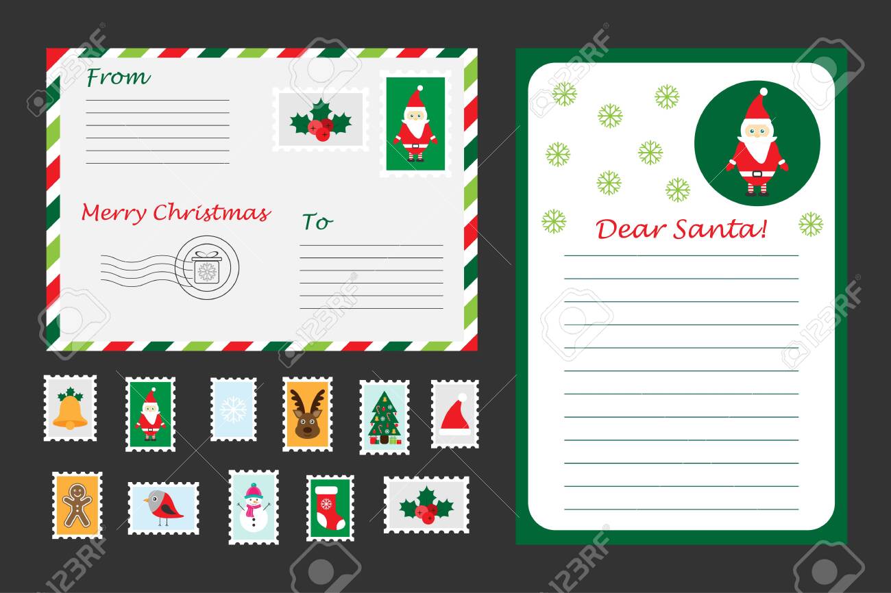 Christmas Set Of Letter To Santa Claus Envelope And Postage Stamps For Children Fun Preschool Activity For Kids Vector Royalty Free Cliparts Vectors And Stock Illustration Image 147466153