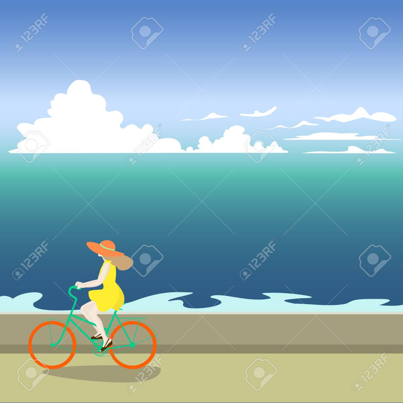 Une Fille En Vélo Monte Le Long De La Rive De La Mer Illustration Vectorielle Dune Mer Promenade En Mer Dété Dessin Naïf De Dessin Animé La