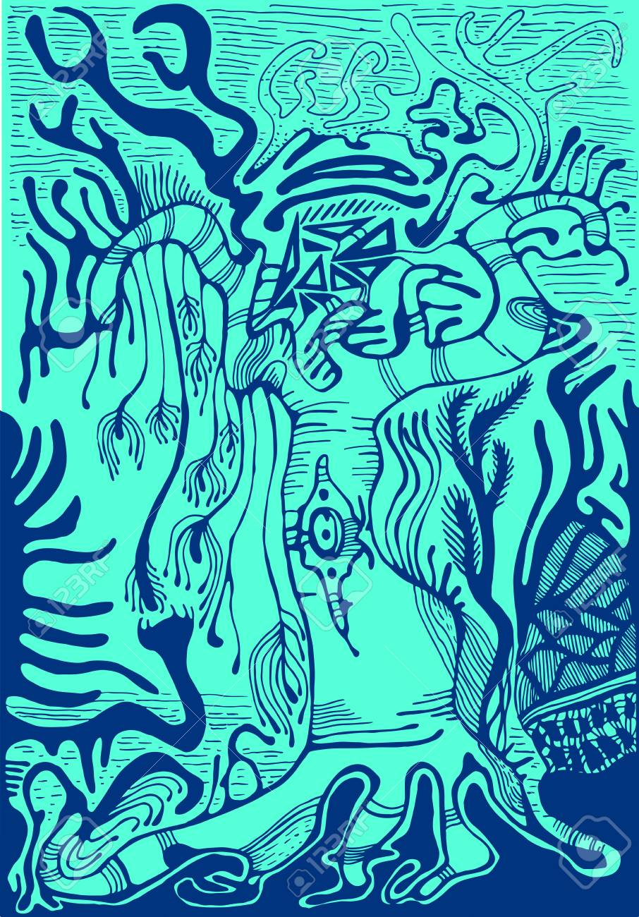 シュールなモノクロ風景 Solated ターコイズ ブルー背景の輪郭 青い幻想的な森 ベクトルは手描き下ろしイラストです 大人と子供のための色のページです 本 繊維 印刷 ポスター デザイン ステッカー カード のイラスト素材 ベクタ Image