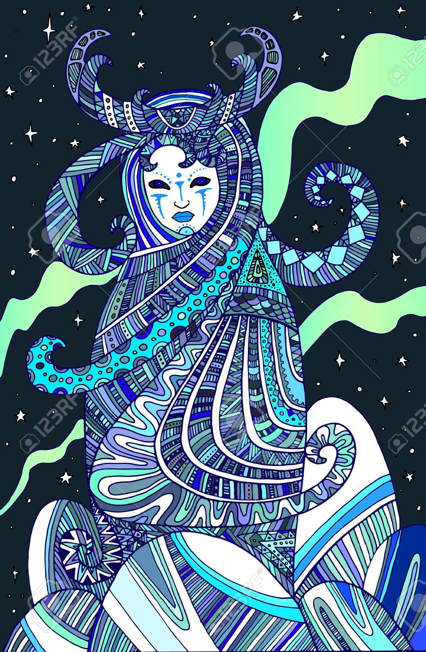 子供と大人のための色付きのページボーホ女性シャーマン ベクトル手描きイラスト落書き漫画おとぎ話グラフィックアート 神秘的なオカルトの女の子の塗り絵 北の古代の女神キーパー のイラスト素材 ベクタ Image