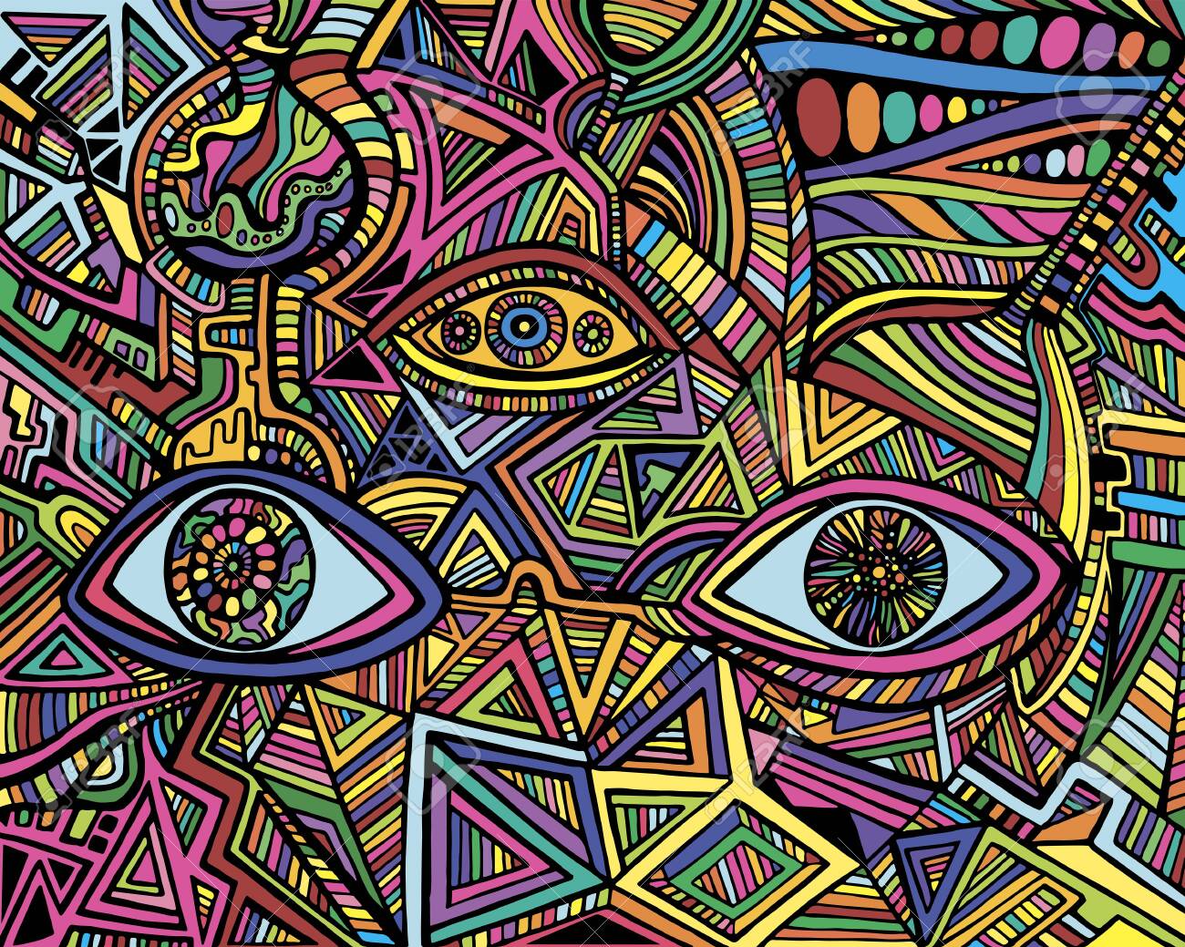 Cartoon Fantastic Psychedelic Shamanic Eyes Of Crazy Patterns. Artistic Art  With Decorative Eyes. Surreal Doodle Stylish Card. Abstract Pattern With  Maze Ornaments. Vector Hand Drawn Illustration. Клипарты, SVG, векторы, и  Набор Иллюстраций