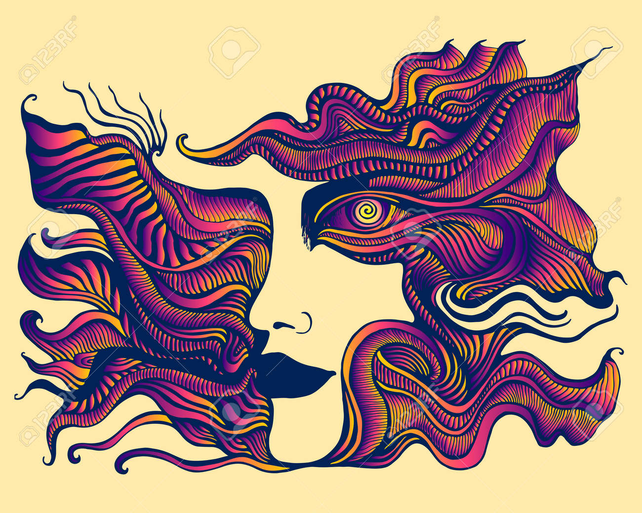 Mystisches, surreales, psychedelisches, stilisiertes anthropomorphes gesicht mit spiralauge und vielen mustern, orange-rosa-lila farbverlauf, isoliert auf weichem beigem hintergrund. stilvolle karte mit einer außergewöhnlich farbenfrohen person. vektor handgezeichnete illustration. - 160135159 Mystisches, surreales, psychedelisches, stilisiertes anthropomorphes gesicht mit spiralauge und vielen mustern, orange-rosa-lila farbverlauf, isoliert auf weichem beigem hintergrund. stilvolle karte mit einer außergewöhnlich farbenfrohen person. vektor handgezeichnete illustration. - 160135159