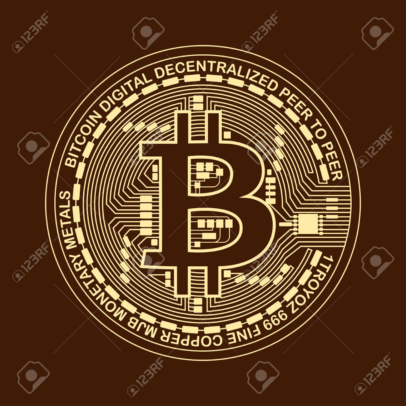 ビットコイン。デジタル通貨。暗号通貨。ビットコインシンボルは茶色の背景に分離されています。のイラスト素材・ベクター Image 94006597