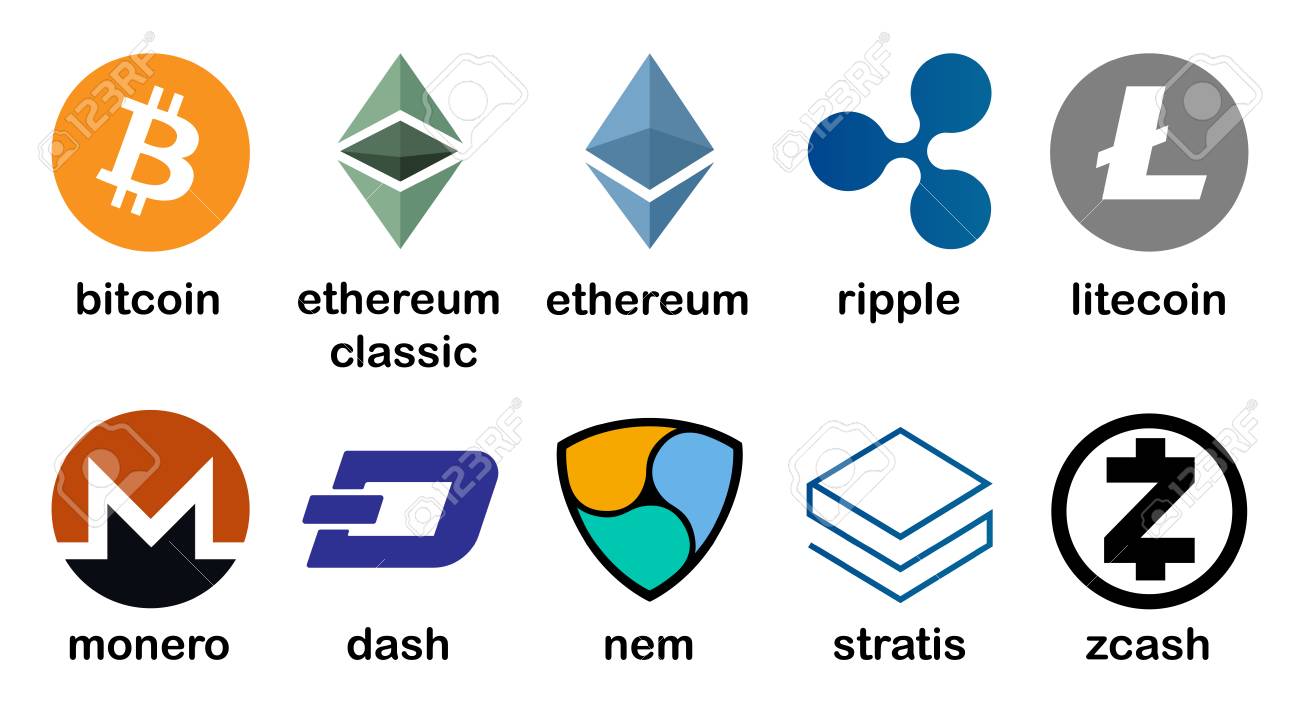 暗号通貨ロゴセット - ビットコイン、ライトコイン、イーサリアム、イーサリアムクラシック、モネロ、リップル、zcash、ダッシュ、ストラティス、ネムのイラスト素材・ベクター  Image 94526361