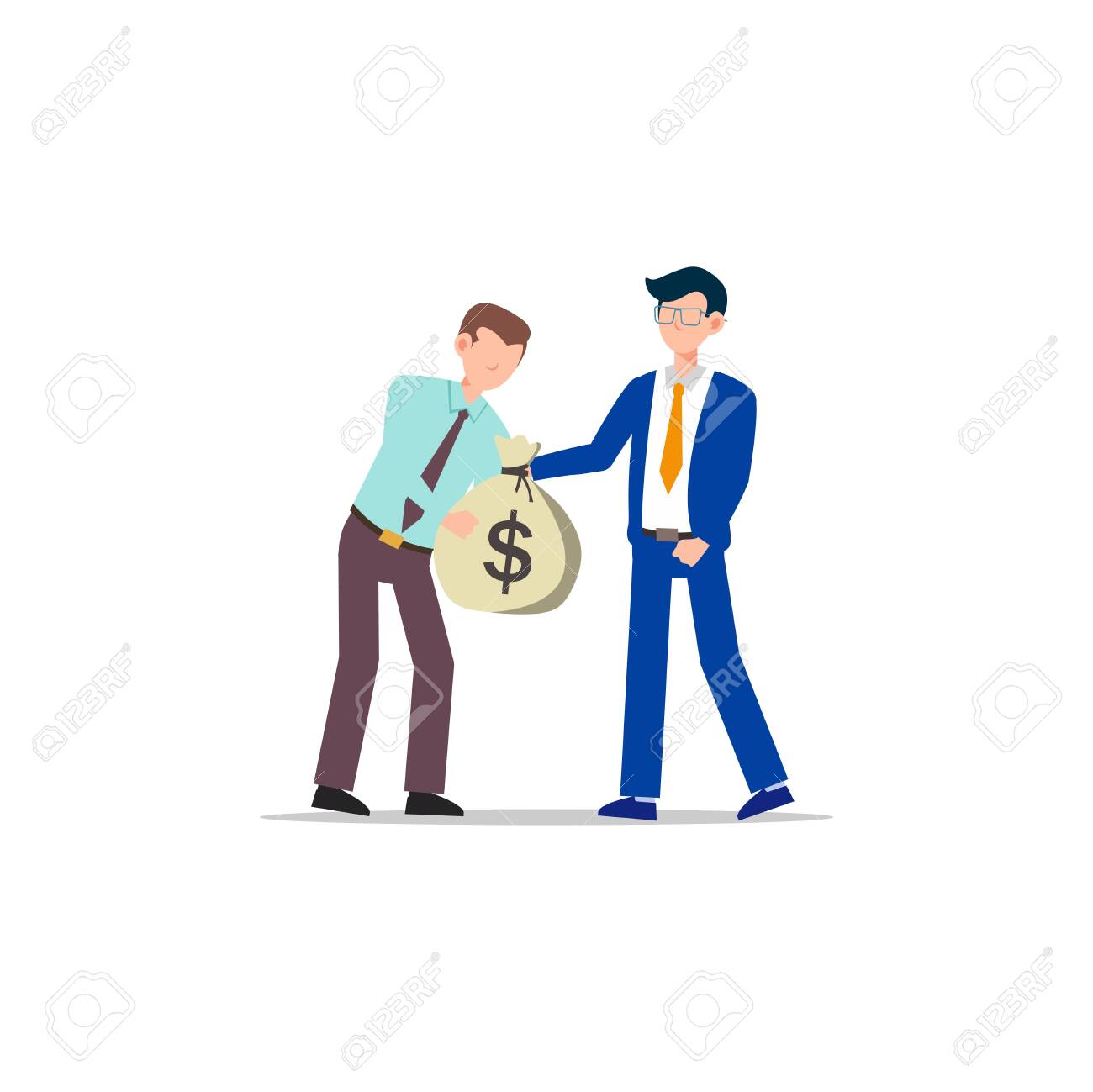 Cartoon Character Illustration Of Business Friend Helping Each Other.  Business Man Giving Cash In Bag To Other Business Man Who Failed. Flat  Design Concept Isolated On White Background. Royalty Free SVG, Cliparts,, image size:1300x1299