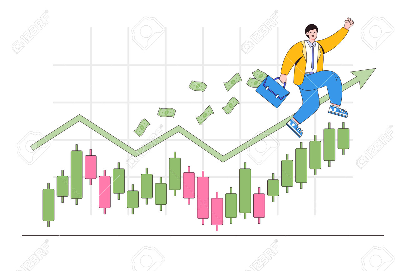 Success Online Trader, Stock Market Price Growth, Earn Profit From Crypto  Currency Investment Concepts. Joyful Businessman Holding Money Briefcase  Jump On Top Candlestick Graph With Arrow Upward. Royalty Free SVG,  Cliparts, Vectors,