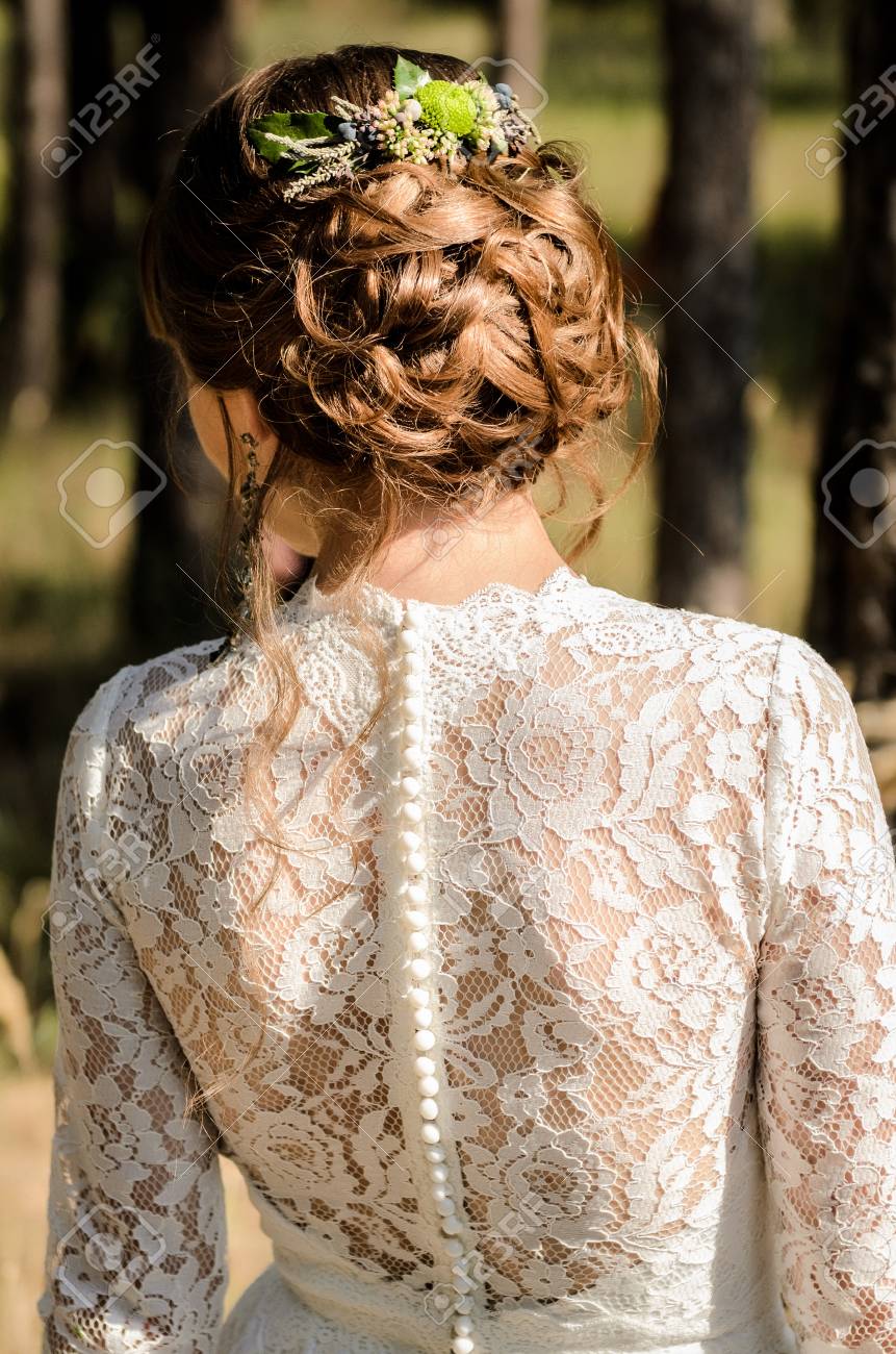 Bride Hair Back Twisted Twisted Curls With Flowers Stock Photo