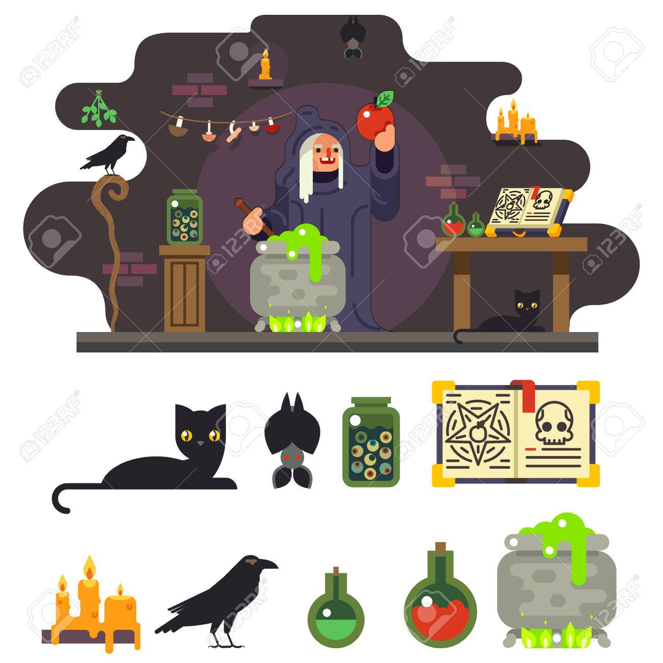魔女料理魔法の甘いリンゴ研究所アイコン セット背景フラット デザイン ベクトル イラスト のイラスト素材 ベクタ Image