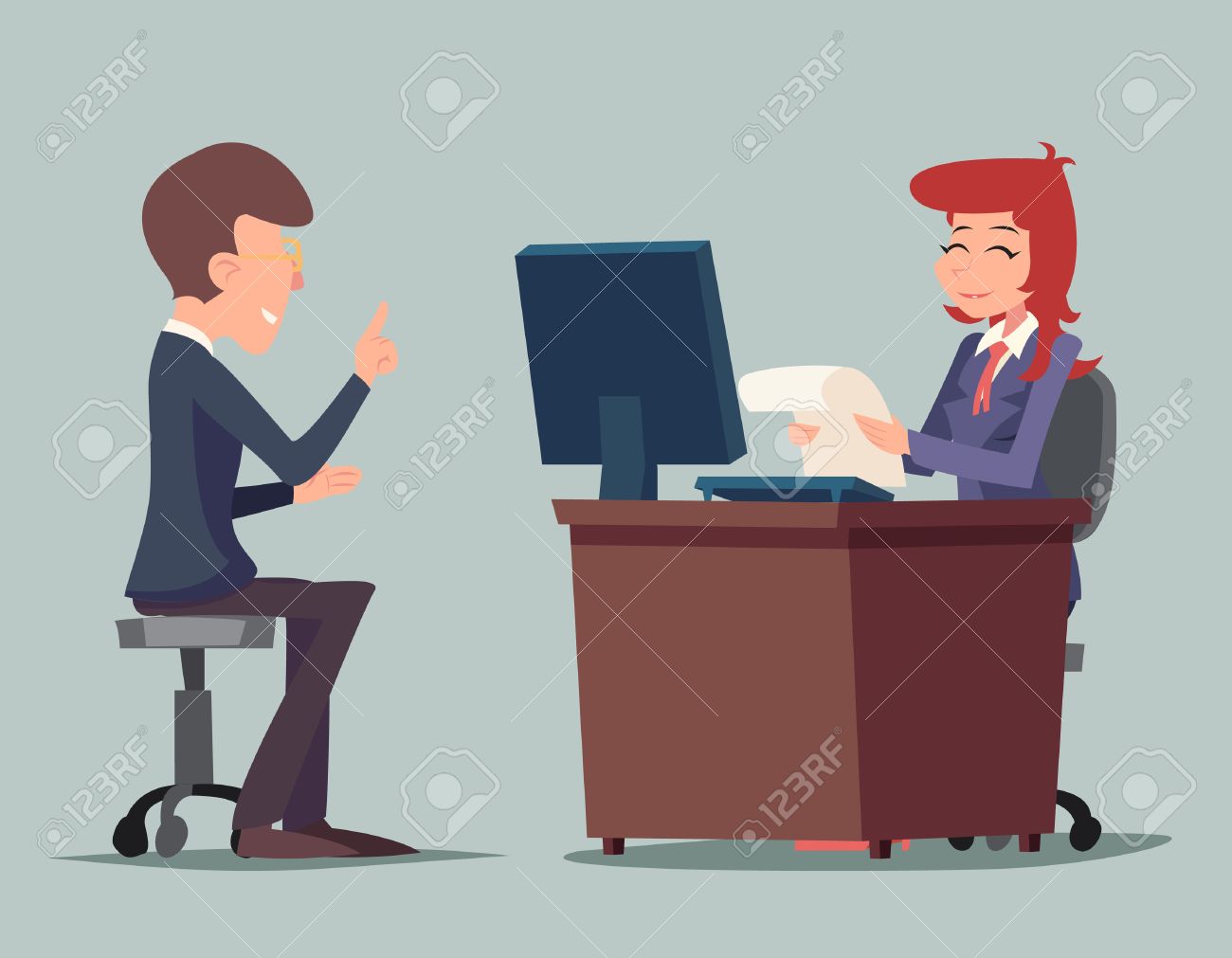 Task Conversation Job Interview Businessman at Desk Working on Computer Cartoon Characters Icon Stylish Background Retro Cartoon Design Vector Illustration - 50631344 Task Conversation Job Interview Businessman at Desk Working on Computer Cartoon Characters Icon Stylish Background Retro Cartoon Design Vector Illustration - 50631344