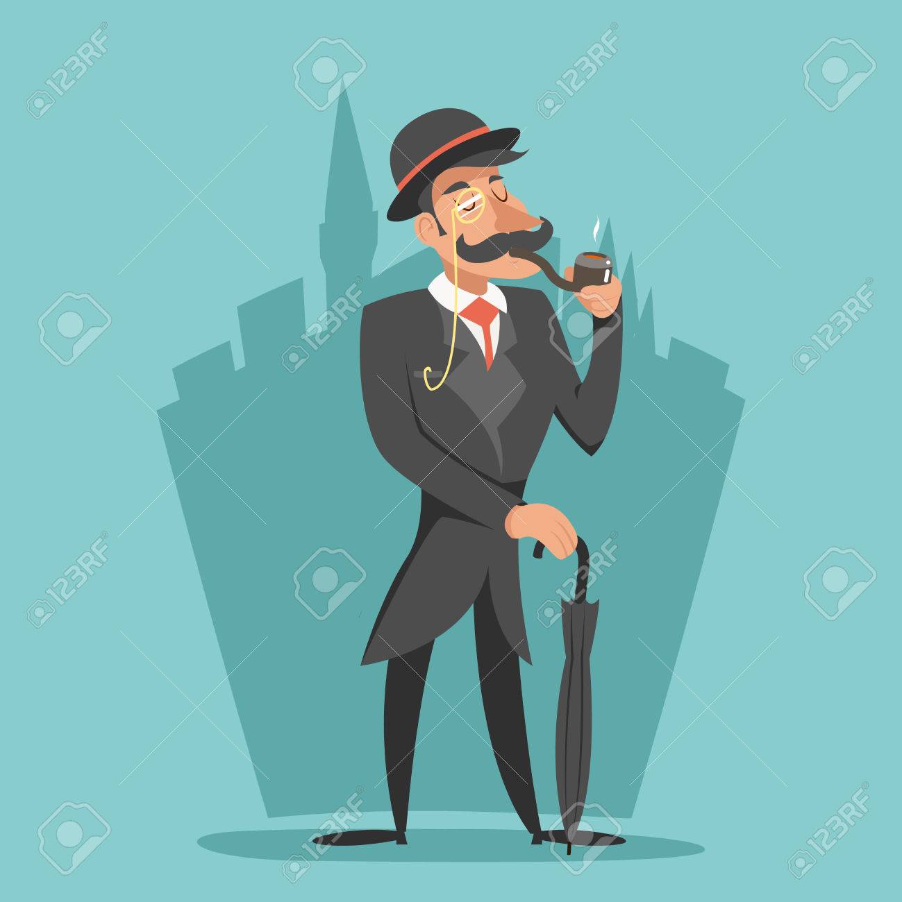 Vettoriale Fumare Gentleman Vittoriana Ombrello Personaggio Dei Cartoni Animati Icona Di Stile Inglese Citta Bassa Retro Vintage Gran Bretagna Design Illustrazione Image