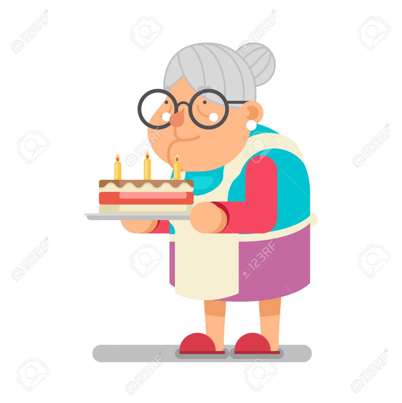 Faire Cuire Un Gateau Gratuit Menage Granny Old Lady Character Cartoon Flat Vector Illustration Clip Art Libres De Droits Vecteurs Et Illustration Image