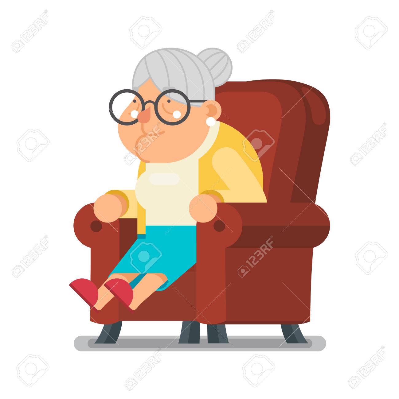sit rest granny old lady character cartoon flat vector illustration