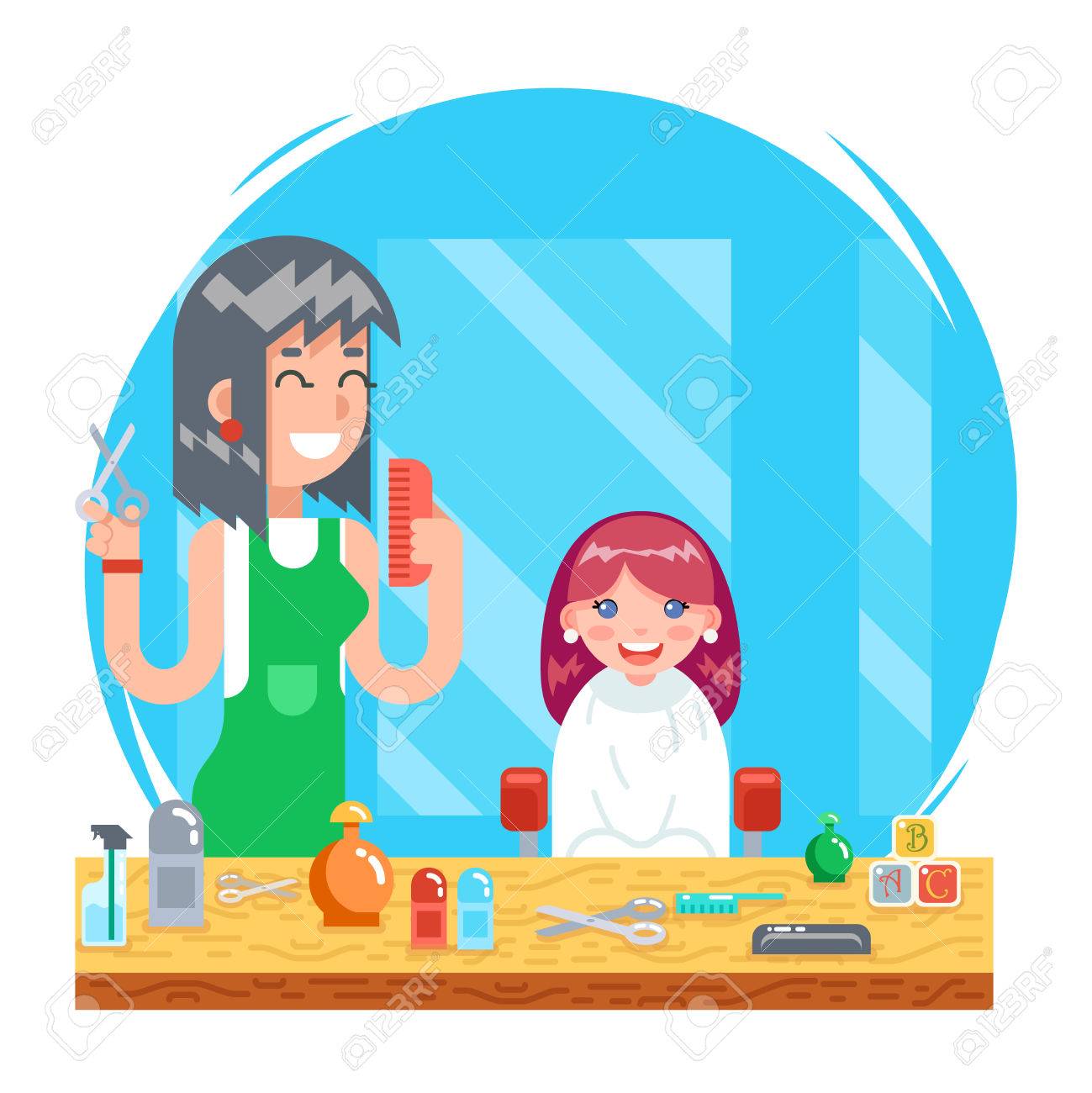 Children Teenager Hairdresser Character Cute Little Girl And