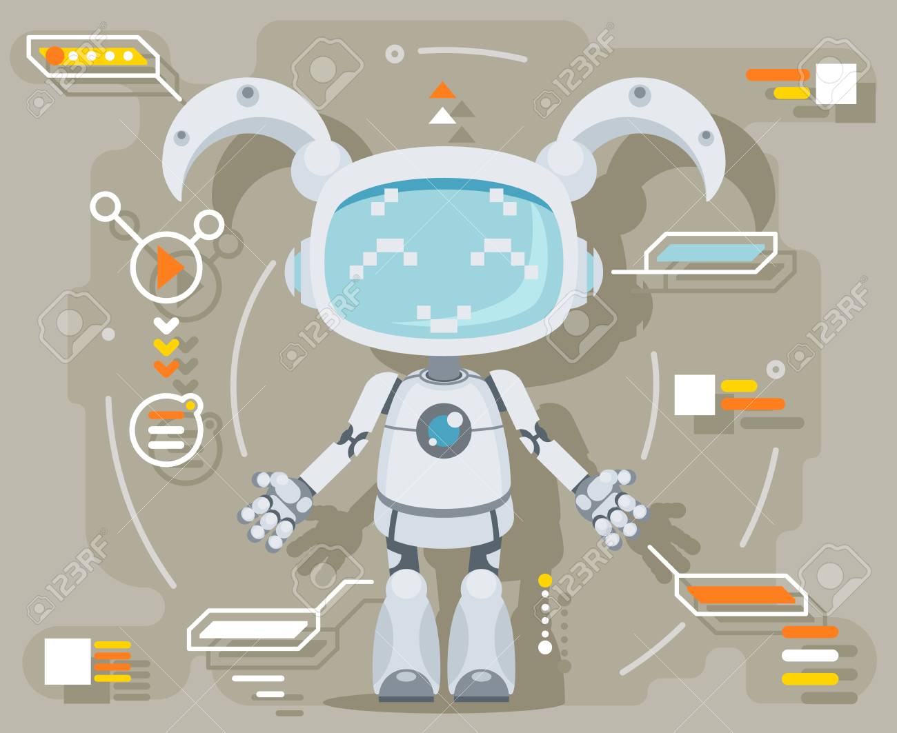 人工未来情報インターフェースフラットデザインベクトルイラストを持つかわいい女性ロボット のイラスト素材 ベクタ Image