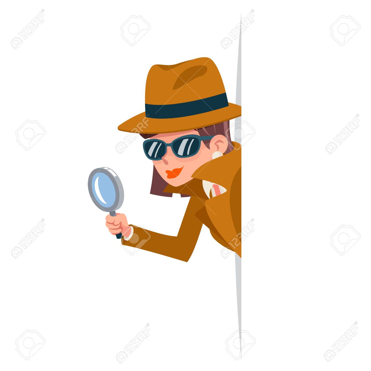 Cute woman snoop detective magnifying glass tec peeking out corner search help noir female cartoon character design isolated vector illustration - 118628838 Cute woman snoop detective magnifying glass tec peeking out corner search help noir female cartoon character design isolated vector illustration - 118628838