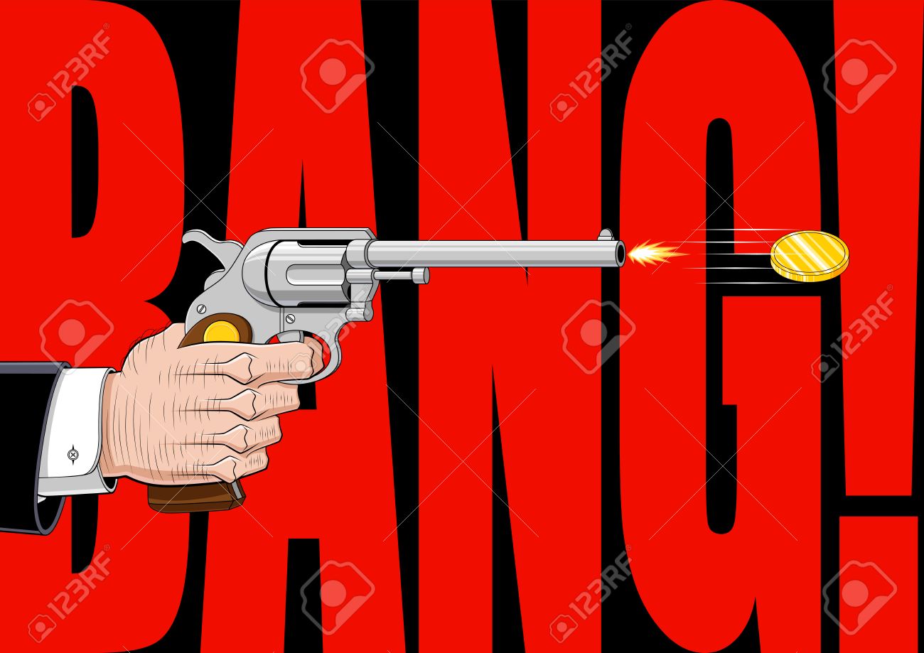 武器産業を表す概念図。ピストルの黄金のコイン、収益のシンボルではなく、弾丸をシュートします。背景は全くオノマトペの強打によって占められる  ！。のイラスト素材・ベクター Image 31377533