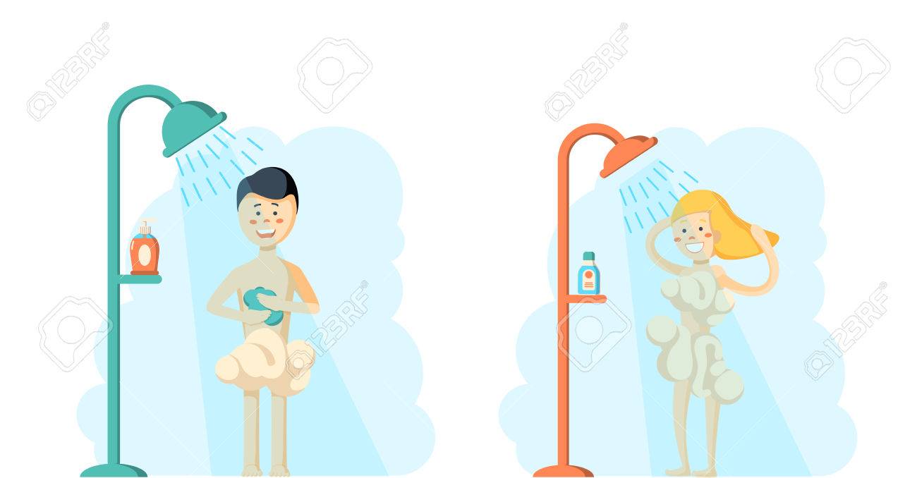 男性と女性はベクトル図の浴室でシャワーを浴びて 水道水でシャワー 分離されたシャワーを取っている人々 のフラットな近代的なベクター イラストです の イラスト素材 ベクタ Image