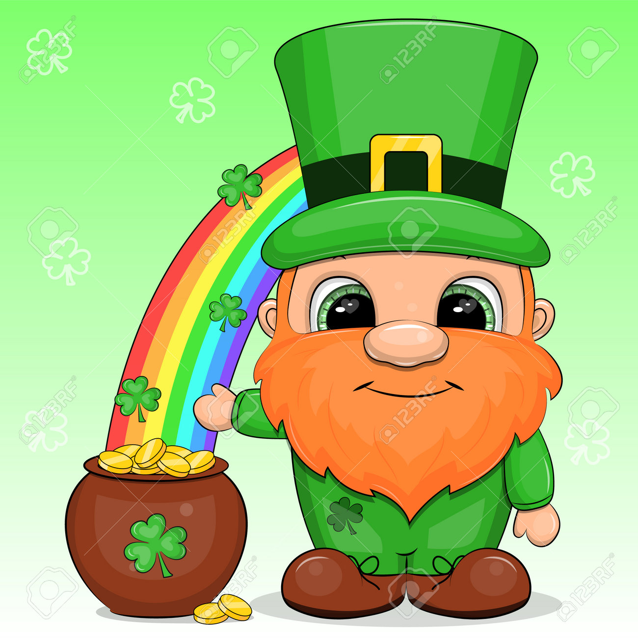 Irish Leprechaun With Pot Of Gold And Rainbow On St. Patrick's Day. Vector  Illustration Isolated On Green Background With Clover. Royalty Free SVG,  Cliparts, Vectors, and Stock Illustration. Image 182241568., image size:1300x1300