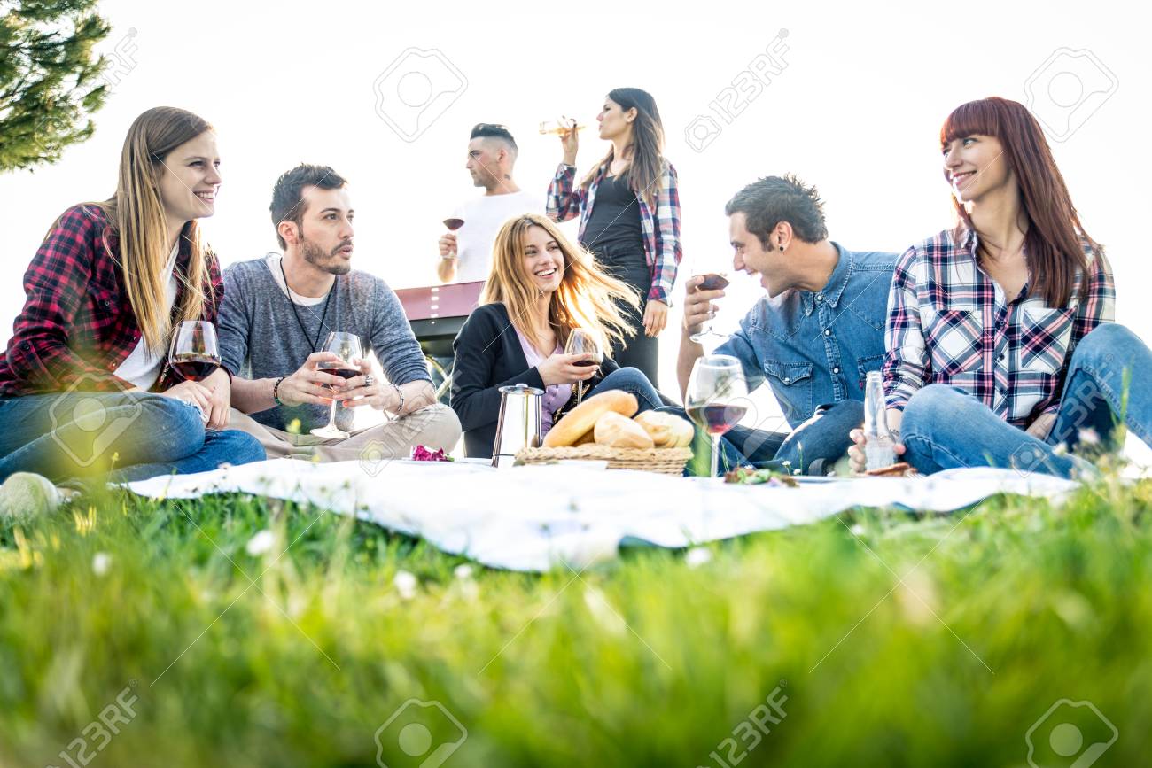 Group Of Friends Having Pic-nic In A Park On A Sunny Day - People Hanging  Out Having Fun While Grilling And Relaxing Stock Photo, Picture and Royalty  Free Image. Image 93300219., image size:1300x867