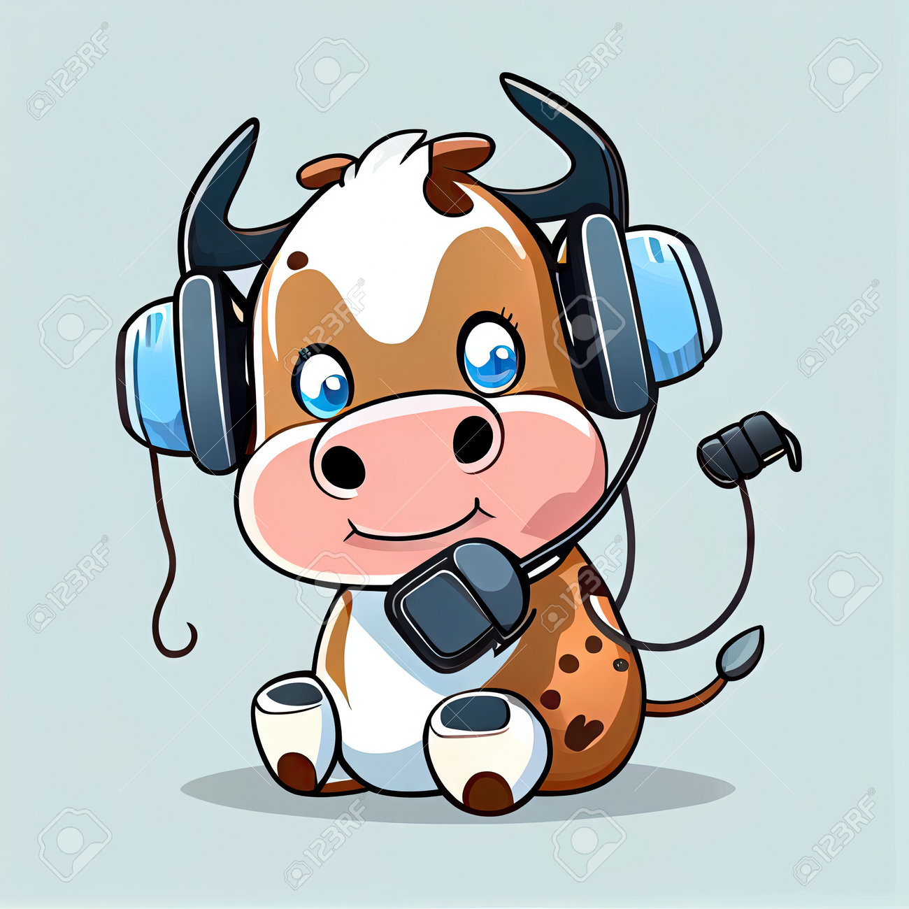 Cute Cow Cartoon Character With Headphones Listening To Music, Cartoon Style, Modern Simple Illustration Stock Photo, Picture And Royalty Free Image. Image 198425947.