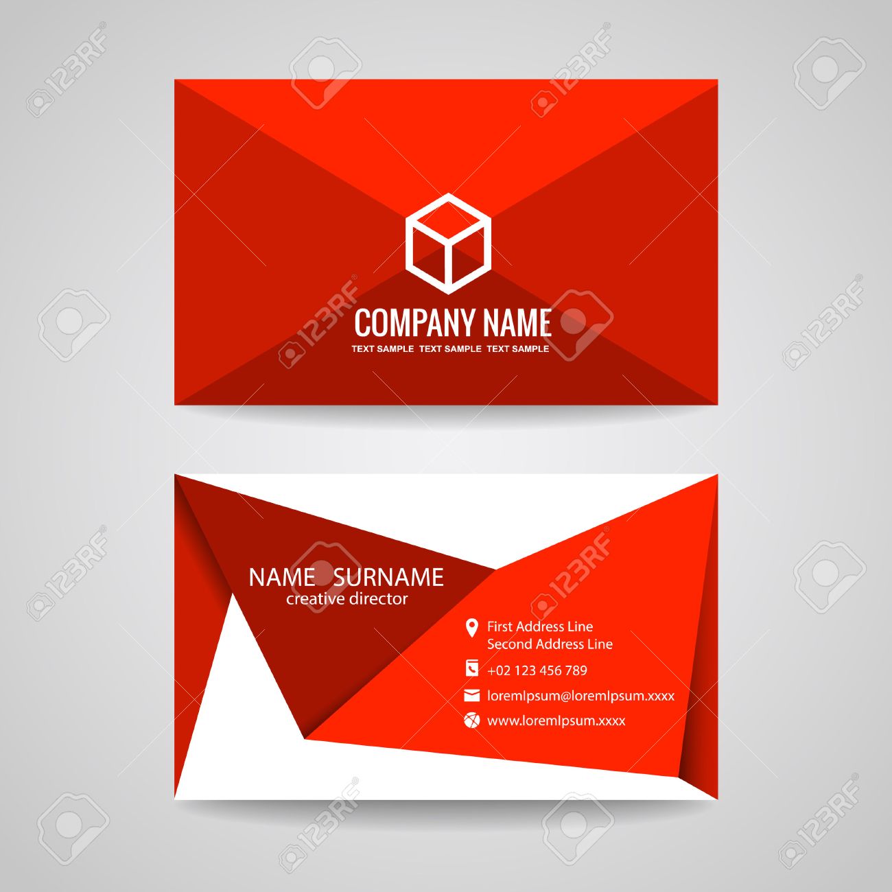 business card vector graphic design red triangle fold and box