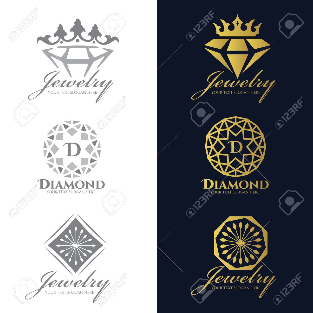 Logotipo De La Joyería (diamante De La Corona Y De La Flor) Y Vectores Se Aíslan En El Fondo Blanco De Diseño Conjunto De Vectores Ilustraciones Svg, Clip Art Vectorizado