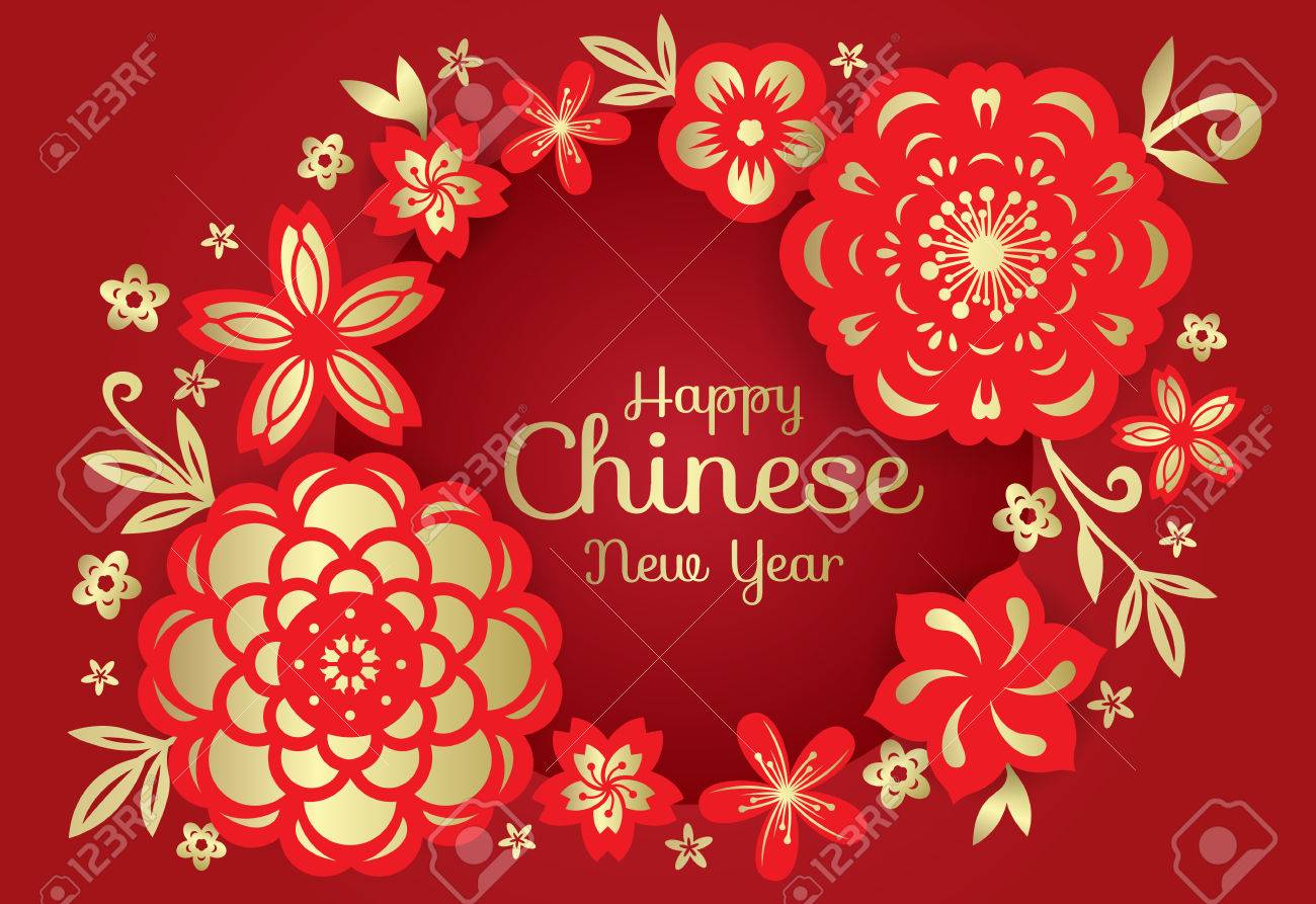 happy chinese new year card circle frame red and gold paper cut flowers china art