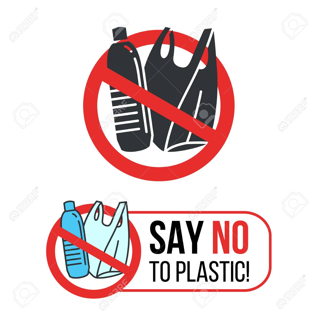 Say no to Plastic sign with Plastic water bottle and plastic bag in red stop circle vector design - 104146397 Say no to Plastic sign with Plastic water bottle and plastic bag in red stop circle vector design - 104146397