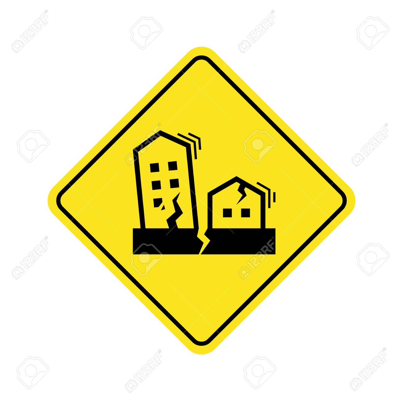 Earthquake Symbol Concept With Houses And Buildings Crack And Vibrate On  Yellow Warning Banner Sign Vector Design Клипарты, SVG, векторы, и Набор  Иллюстраций Без Оплаты Отчислений. Image 106245573