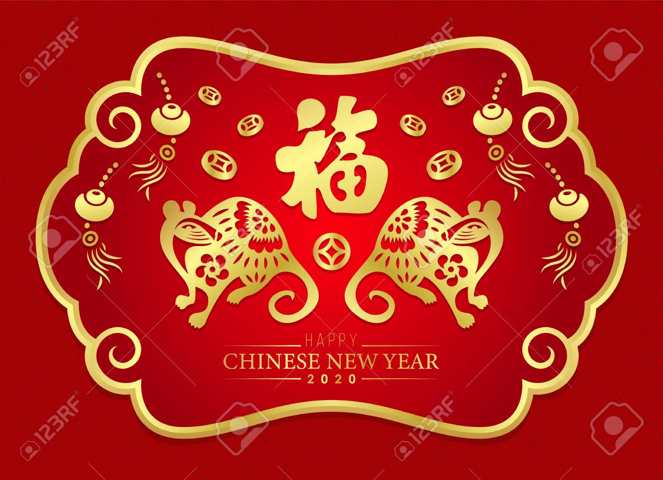 happy chinese new year 2020 greeting card with gold paper cut chinese new year card 2020
