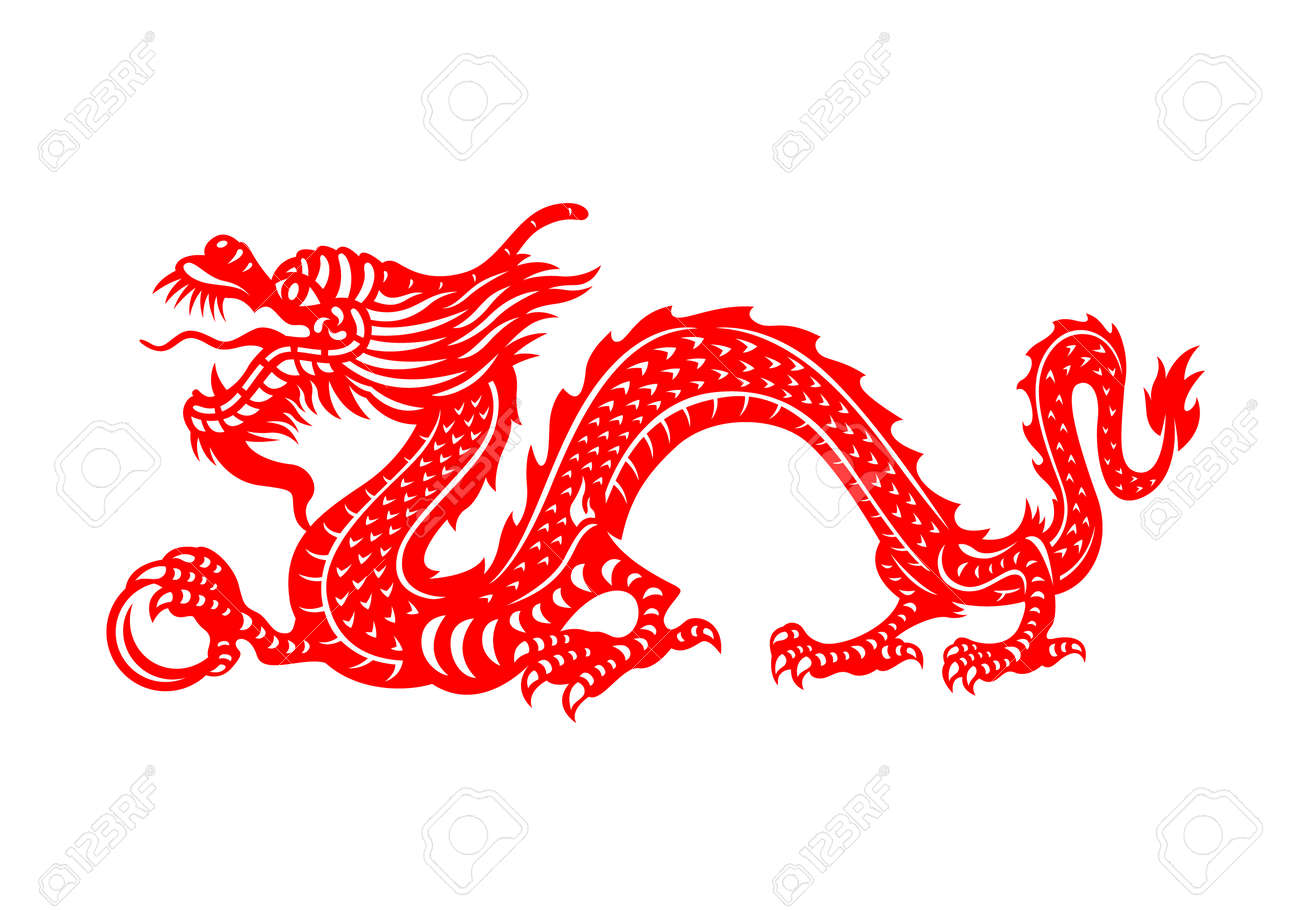 Red Chinese Zodiac Animals Papercutting - china dragon holding orb - 169865810 Red Chinese Zodiac Animals Papercutting - china dragon holding orb - 169865810