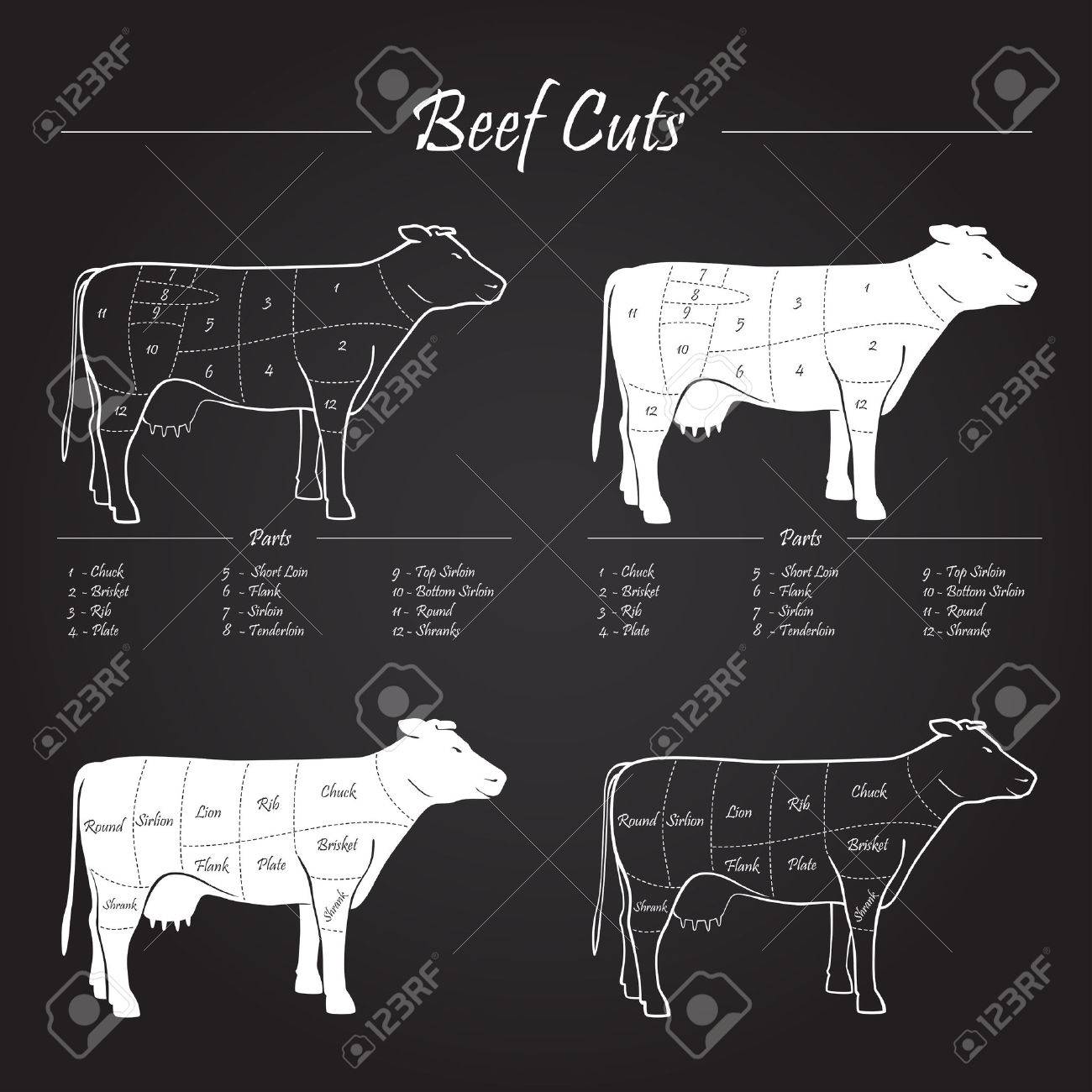 Scheme american cuts of beef - milk cow cuts elements on blackboard - 29466593 Scheme american cuts of beef - milk cow cuts elements on blackboard - 29466593