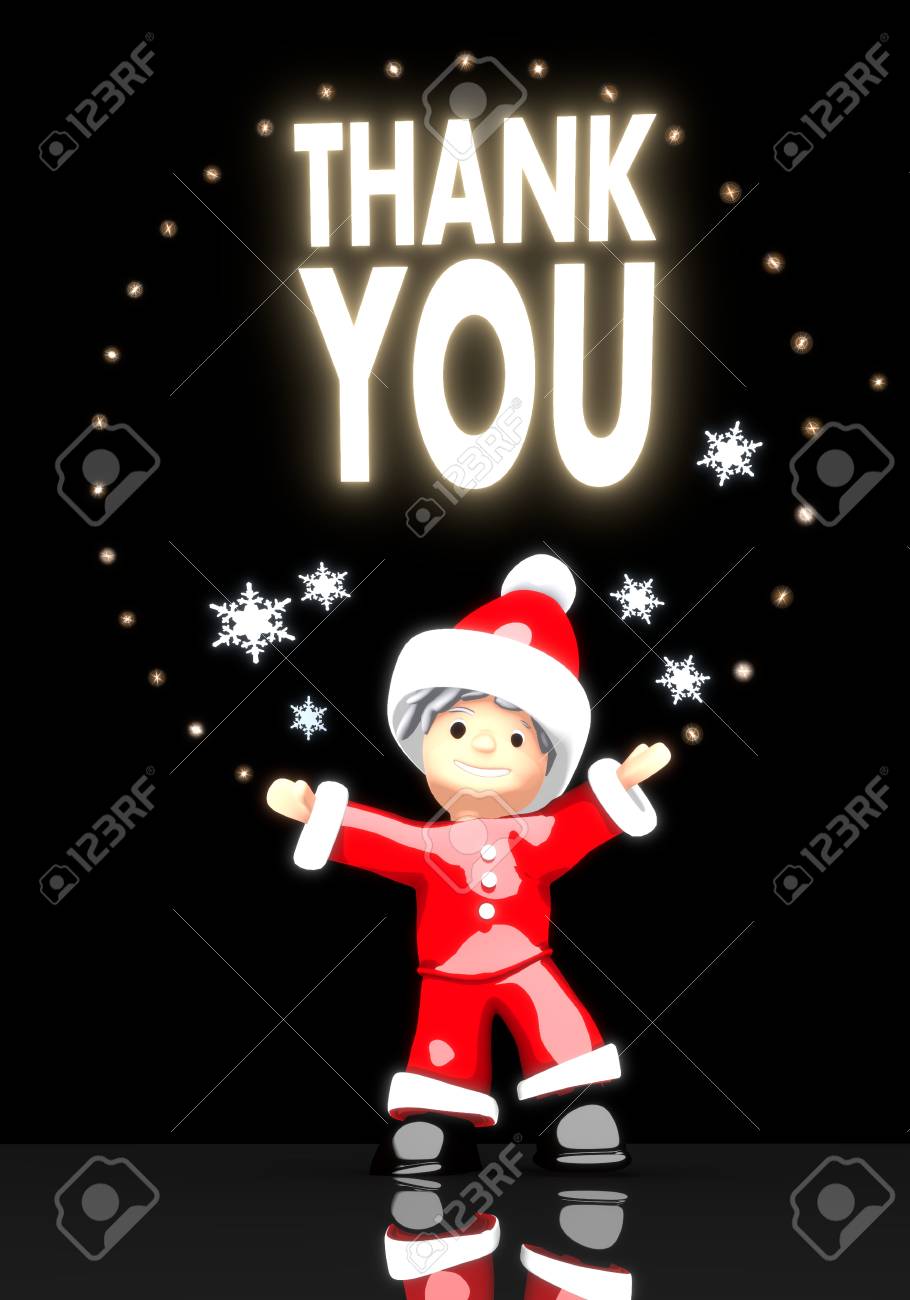 a childish santa claus boy 3d character stands under a glaring thank you santa claus