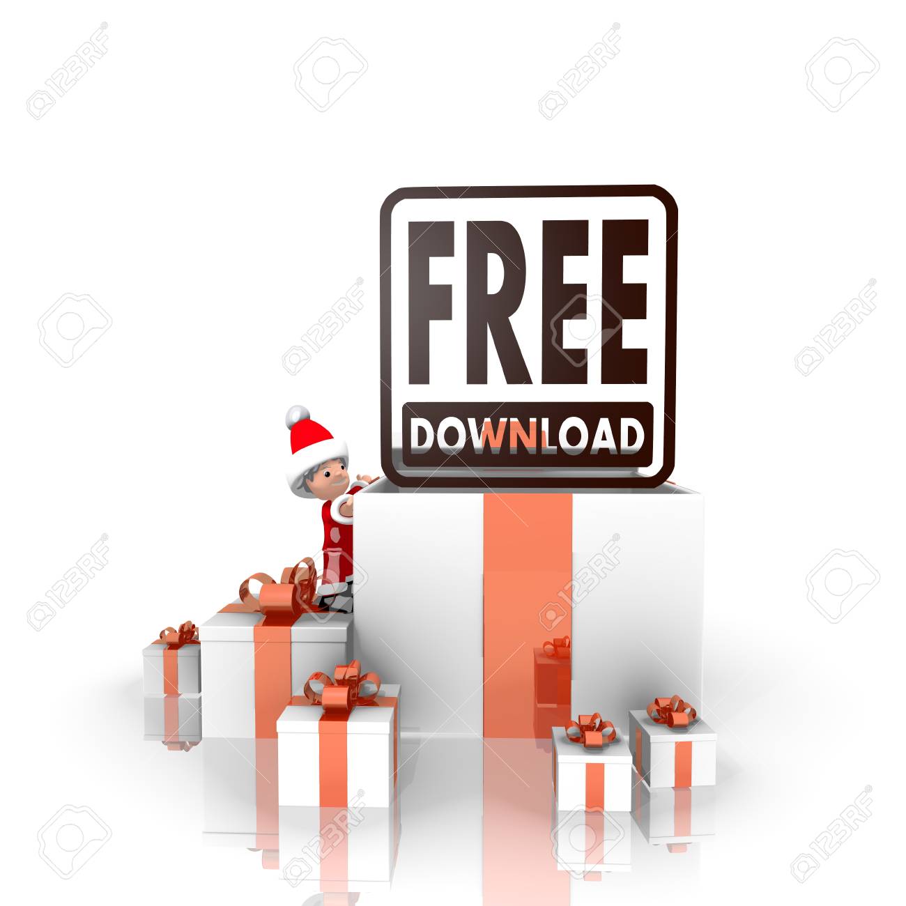 Regali Di Natale Ragazzo.Immagini Stock Un Simpatico Babbo Natale Ragazzo Personaggio 3d Si Trova Su Una Fila Di Regali Di Natale Nel Piu Grande Regalo Il Download Segno Libero E In Cima Isolata On