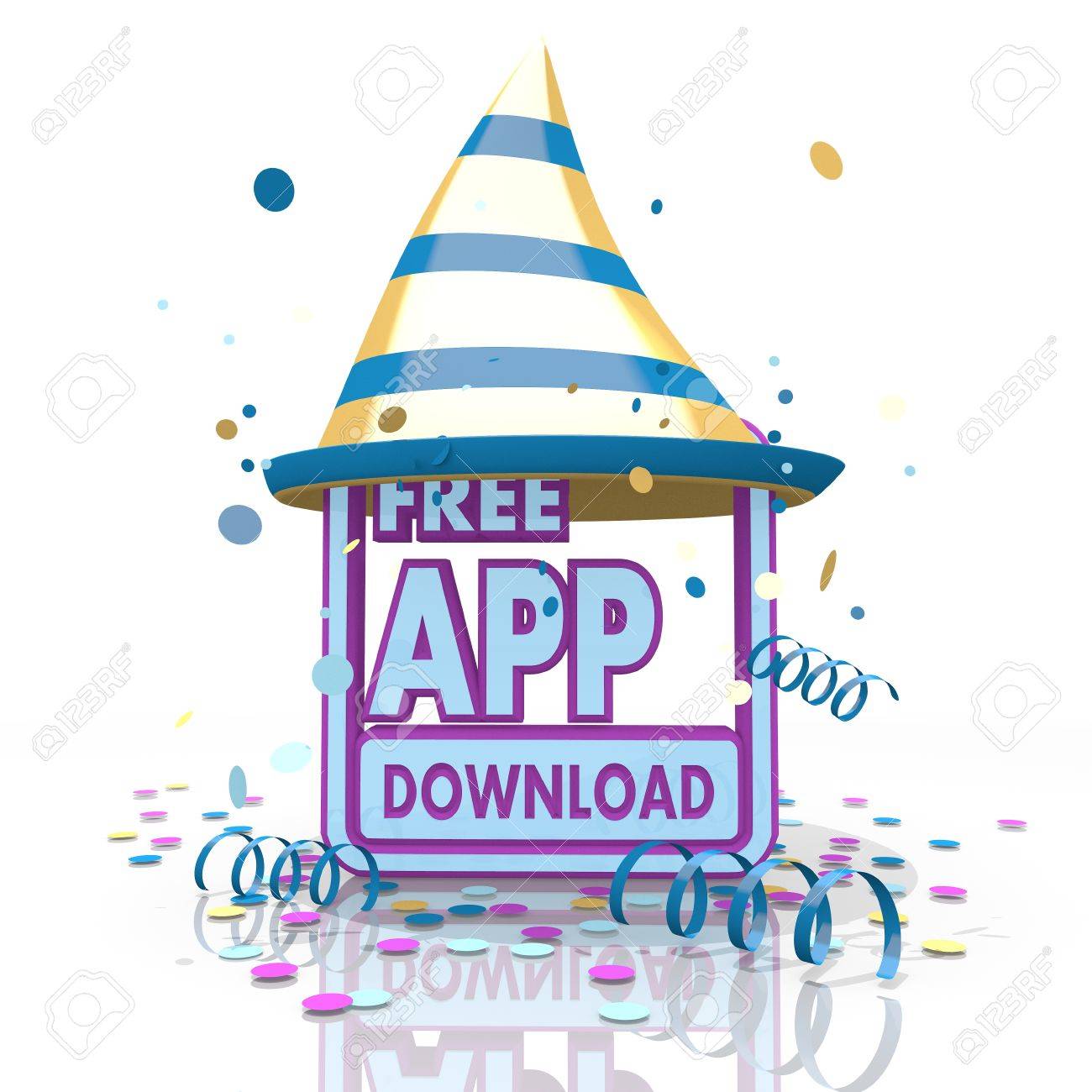 a 3d rendered carnival free app download sign with funny hat stock