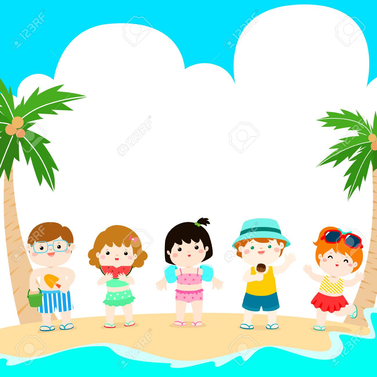 hello summer multicultural cute kids in swimsuit template vector