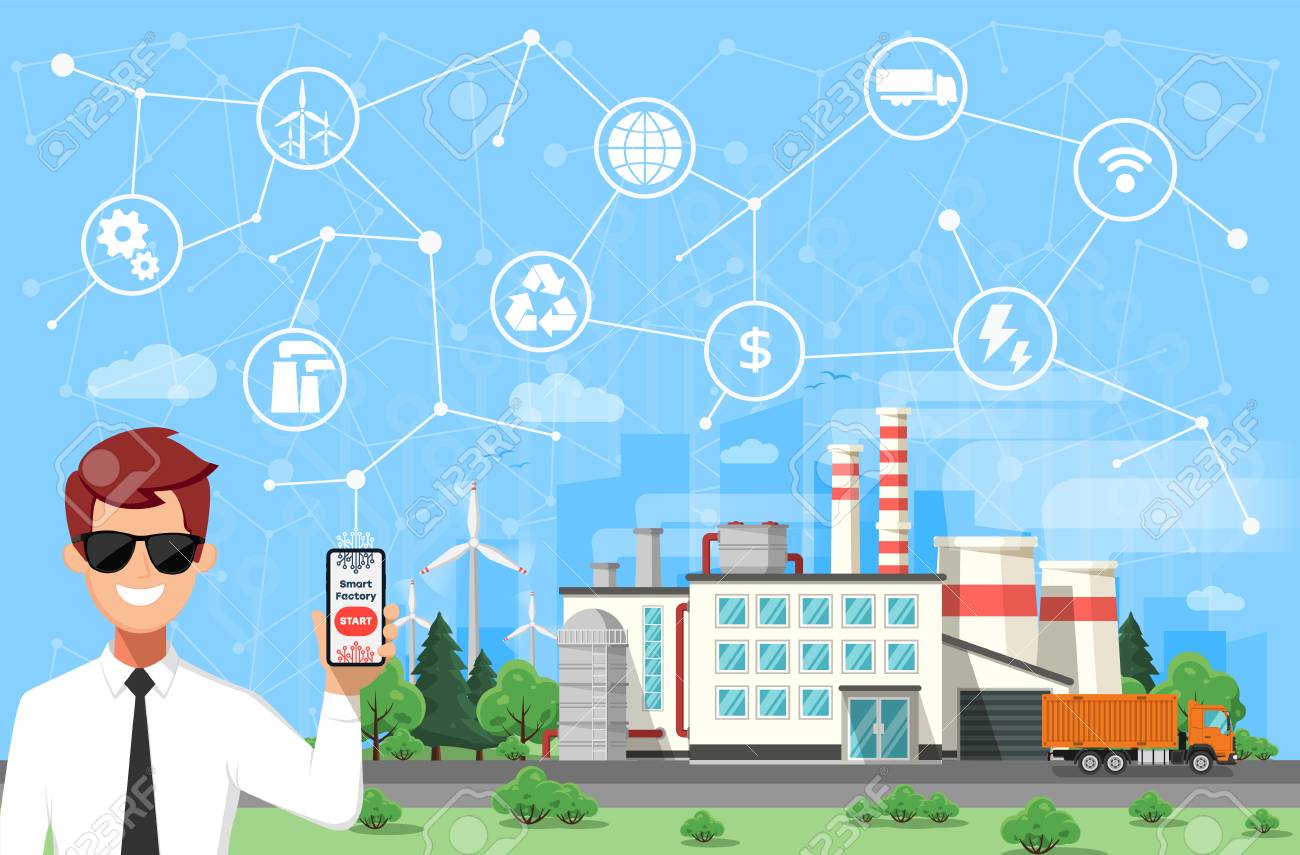エンジニアとスマートファクトリーコンセプト モノの産業インターネット センサーネットワーク現代デジタルファクトリーベクトルイラスト のイラスト素材 ベクタ Image