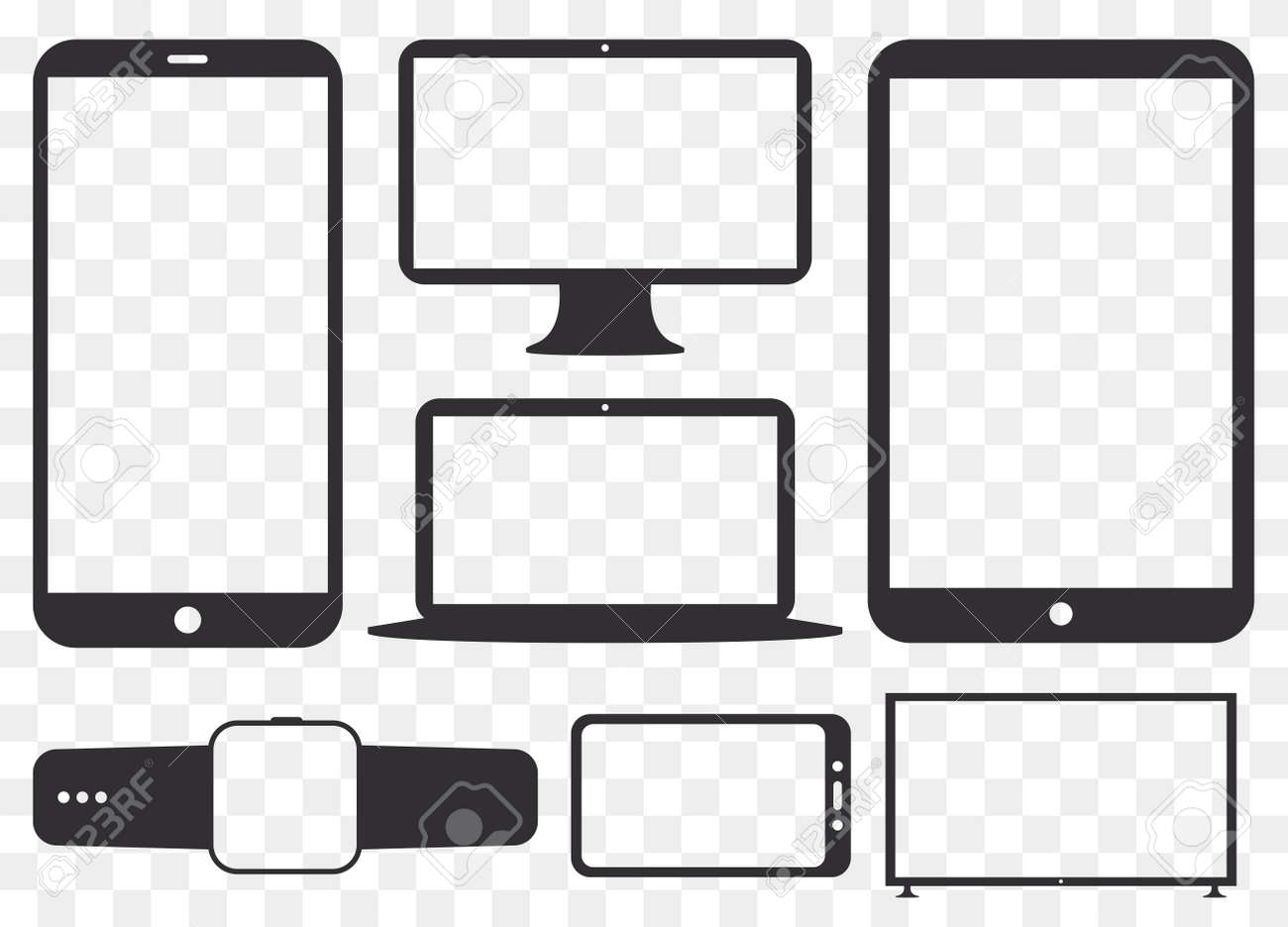 Mobile Phone, Tablet PC, Computer Monitor, Laptop Screen and Smart Watch Silhouette Vector Icon Set. Transparent and Flat Icons for Digital Devices. - 156142996 Mobile Phone, Tablet PC, Computer Monitor, Laptop Screen and Smart Watch Silhouette Vector Icon Set. Transparent and Flat Icons for Digital Devices. - 156142996