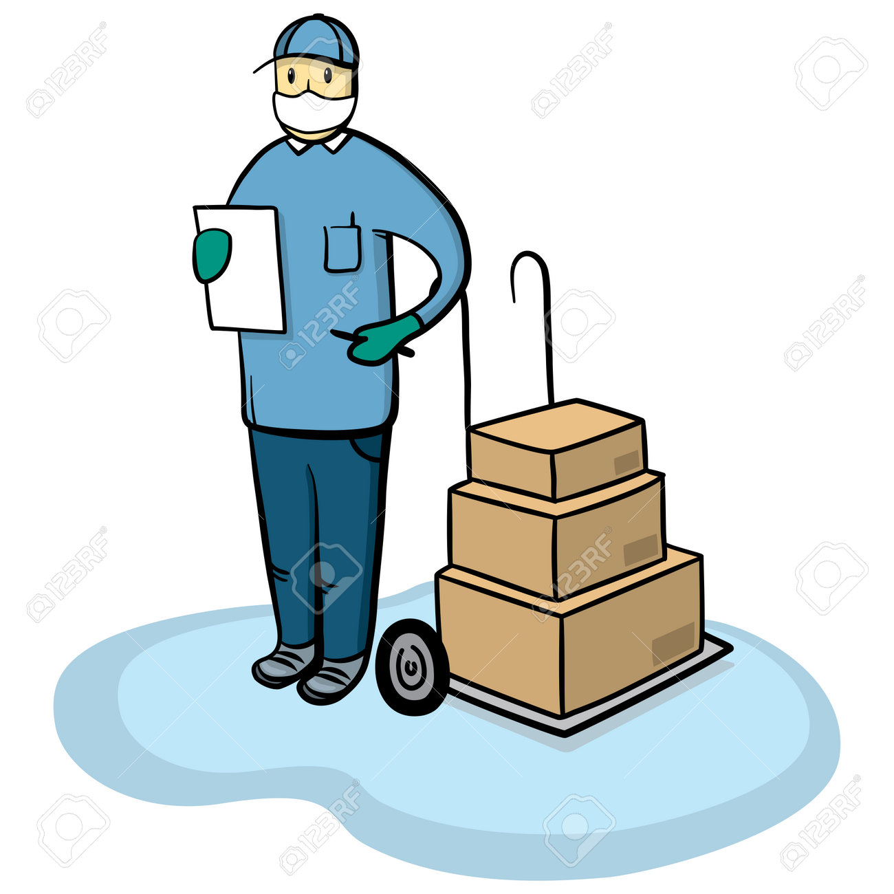 Delivery courier man with medical protective mask and gloves. Safe cargo delivery during coronavirus pandemic concept vector illustration. - 160685410 Delivery courier man with medical protective mask and gloves. Safe cargo delivery during coronavirus pandemic concept vector illustration. - 160685410
