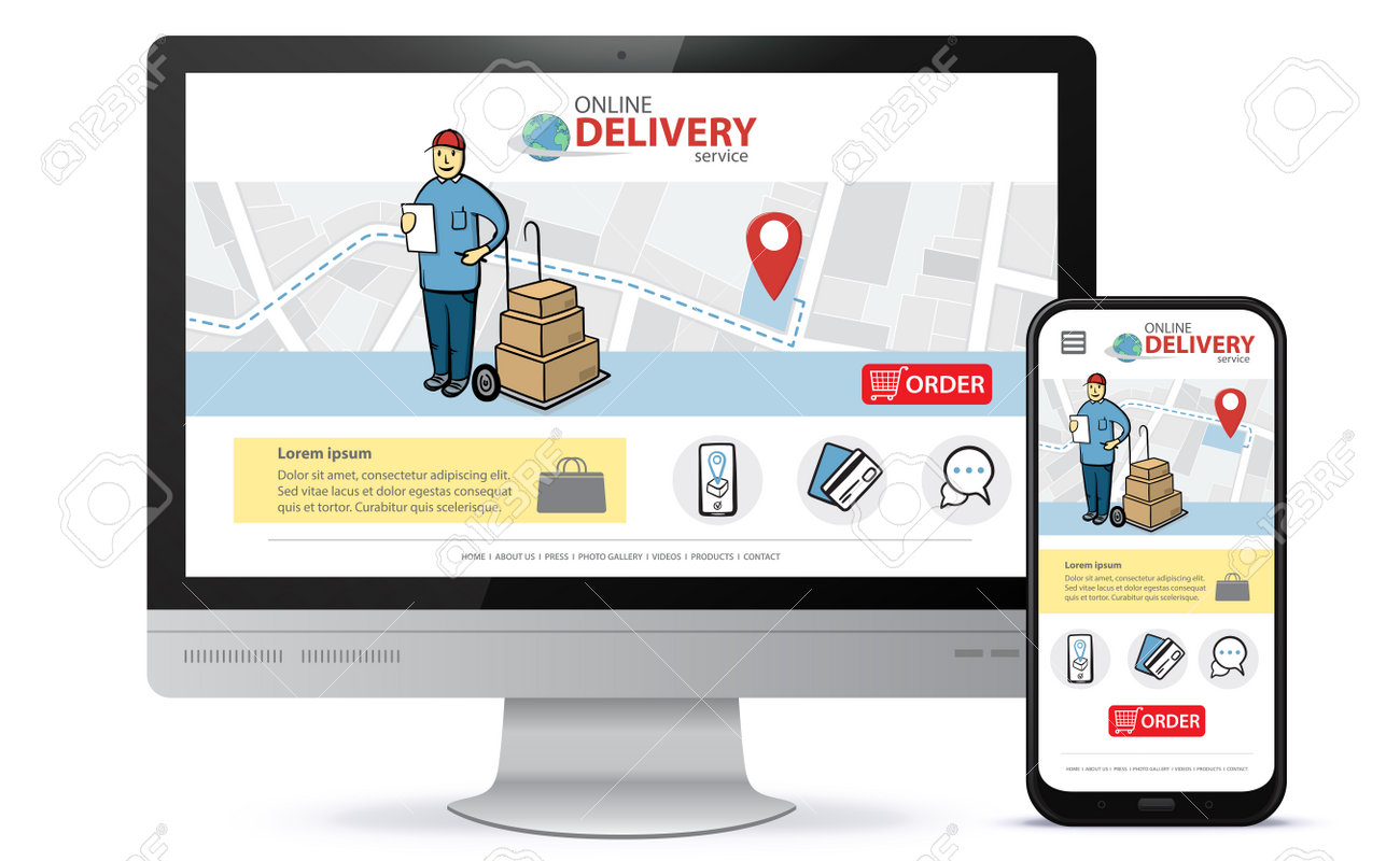 Online delivery service vector UI on Smartphone and Computer screen. Vertical and horizontal responsive design template for online shooping app and mobile website. - 160685411 Online delivery service vector UI on Smartphone and Computer screen. Vertical and horizontal responsive design template for online shooping app and mobile website. - 160685411