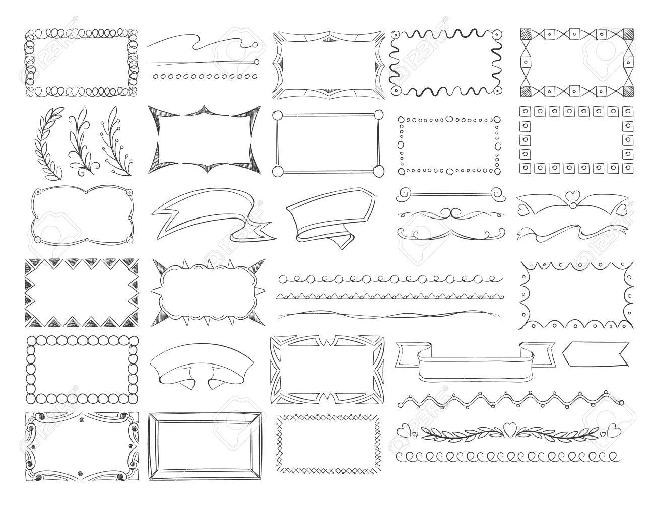 フレームの枠線を落書き 手描きリボン バナーと装飾要素ベクトルのセット デザインをスケッチ のイラスト素材 ベクタ Image