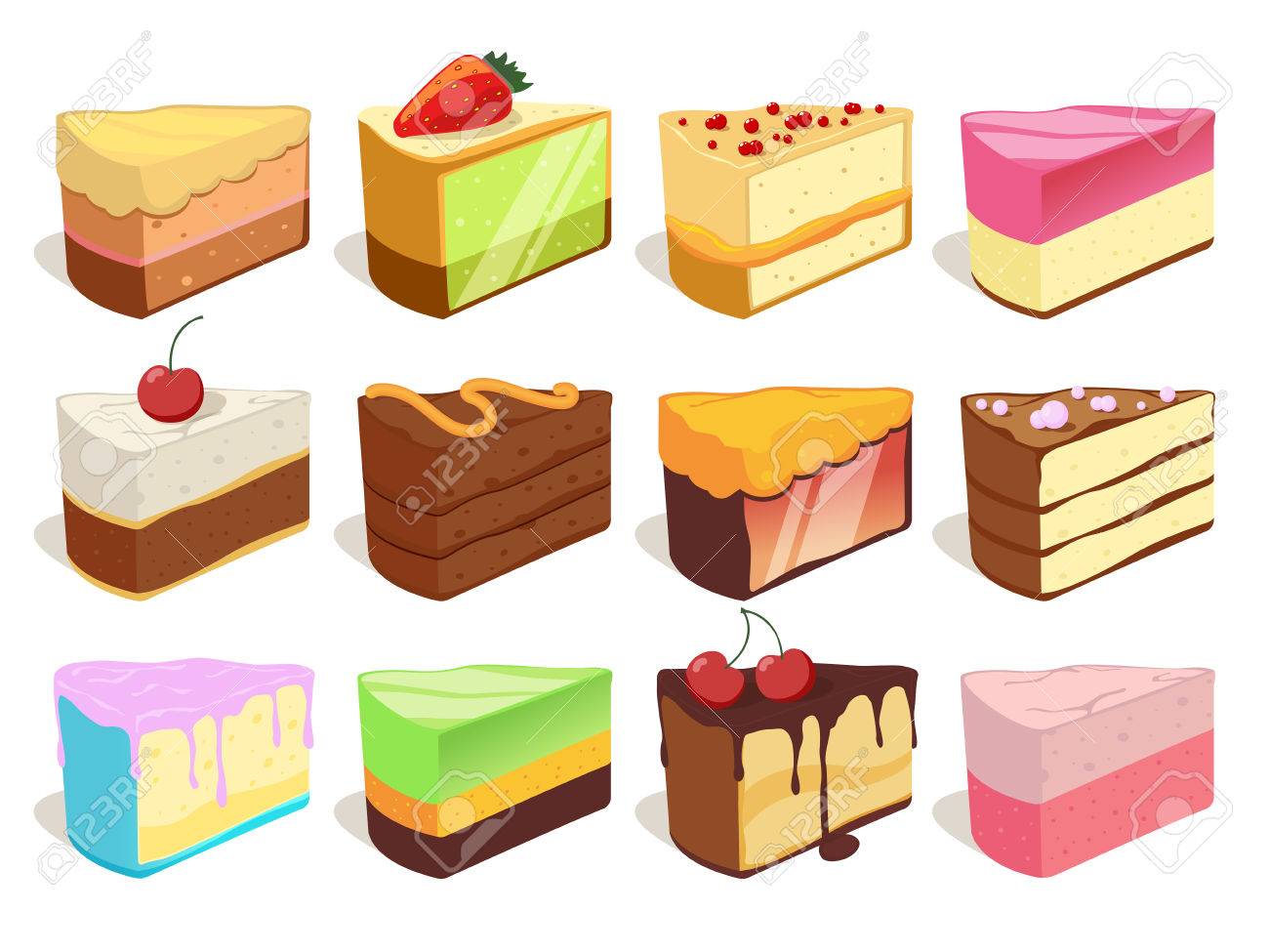 Cream Cake Slices Pieces Vector Illustrations Set In Cartoon Style Royalty Free Cliparts Vectors And Stock Illustration Image 79173993