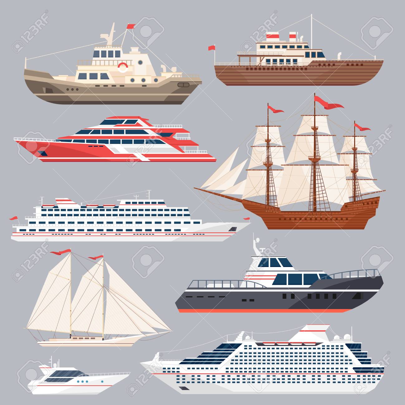 set of different vessels sea boats and other big ships vector