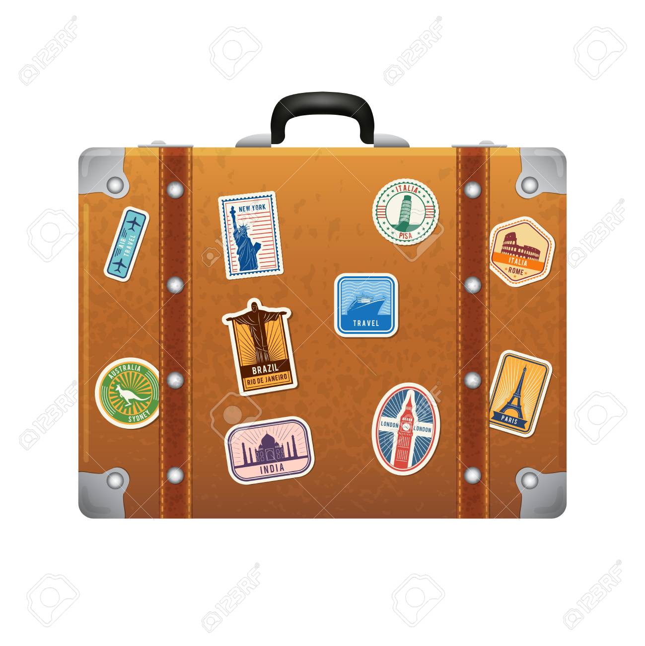travel stickers on retro leather suitcase vector labels set royalty